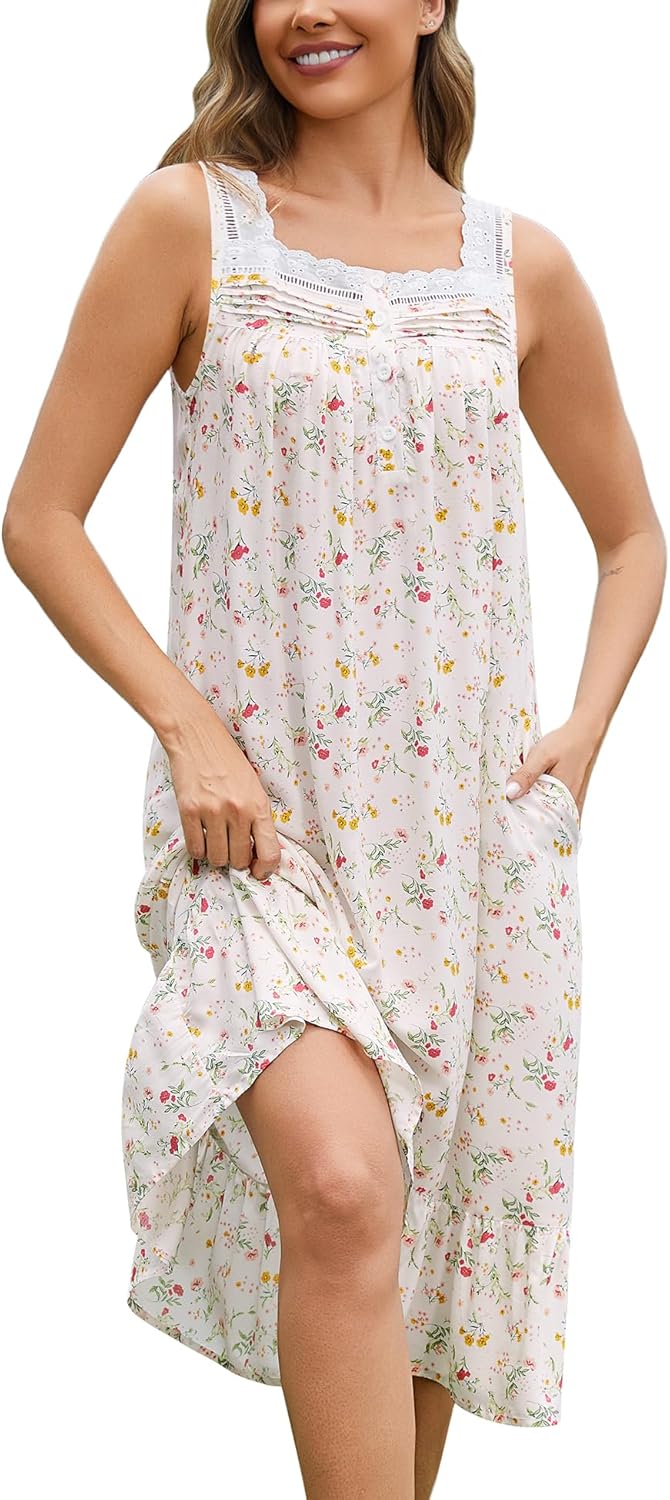 YOZLY Cotton Nightgowns for Women Long Sleeveless Night Gown Victorian Nightdress with Pockets S-XXXL