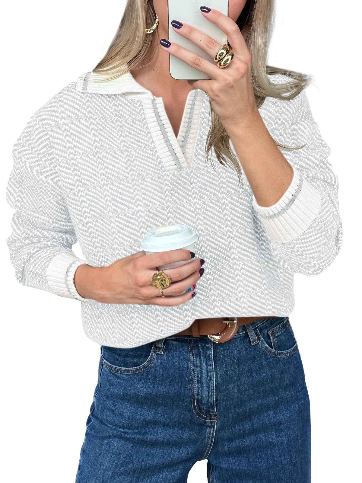 Saodimallsu Womens Fall Sweaters Tops Lapel V Neck Knit Sweater Color Block Long Sleeve Casual Soft Pullover Shirt