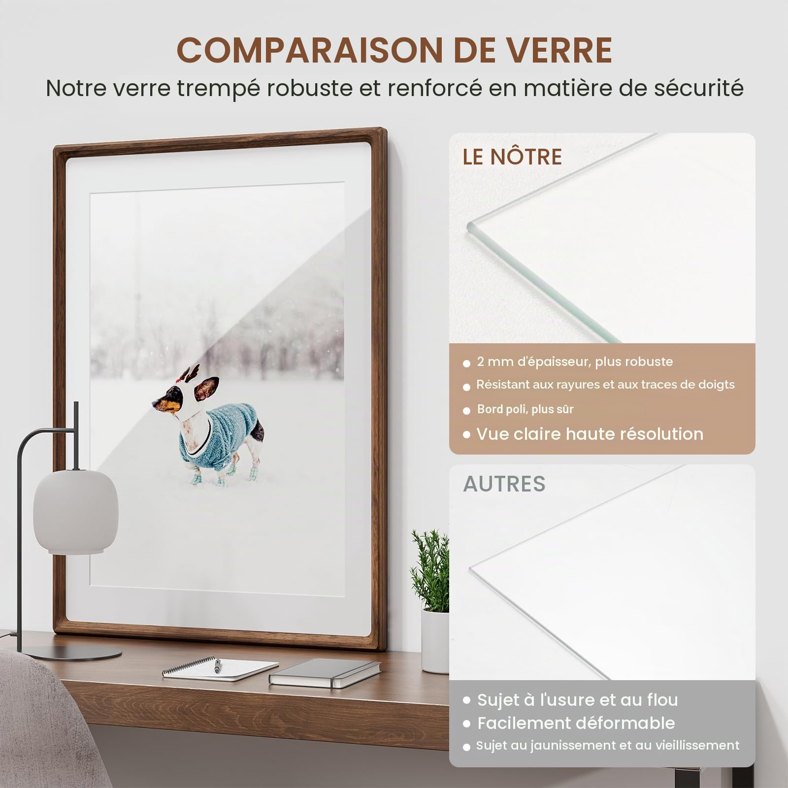 Cadre photo 20x20, Cadre photo en noyer naturel avec verre trempé, Cadre en bois carré de 20x20 cm ou 9x9 cm avec passe-partout pour photos, pour collages, décoration murale pour le mur ou le bureau