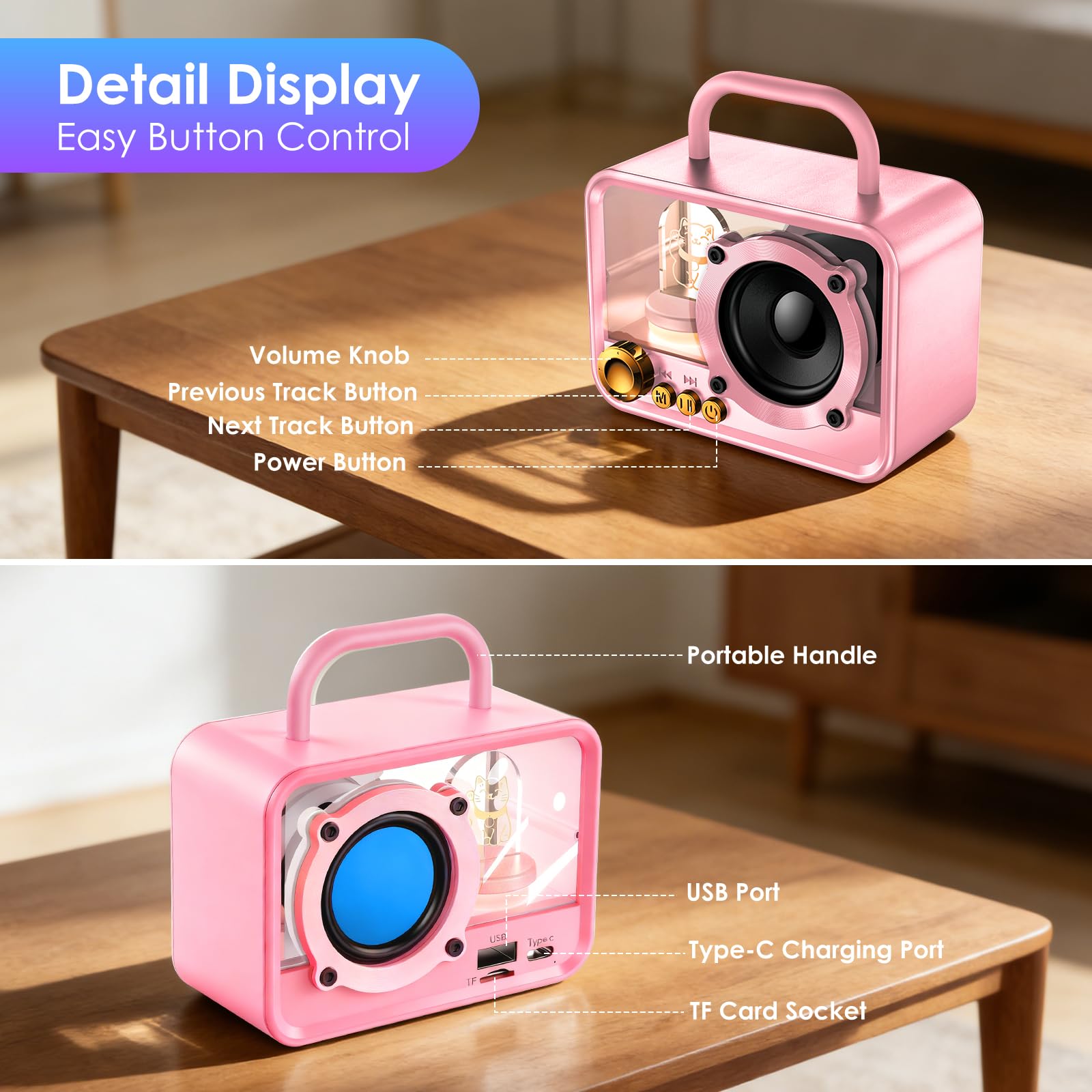 Altoparlante Bluetooth portatile con luci RGB, suono stereo, bassi potenti, mini altoparlante Bluetooth wireless, stile carino e alla moda per cucina, scrivania, camera da letto, ufficio