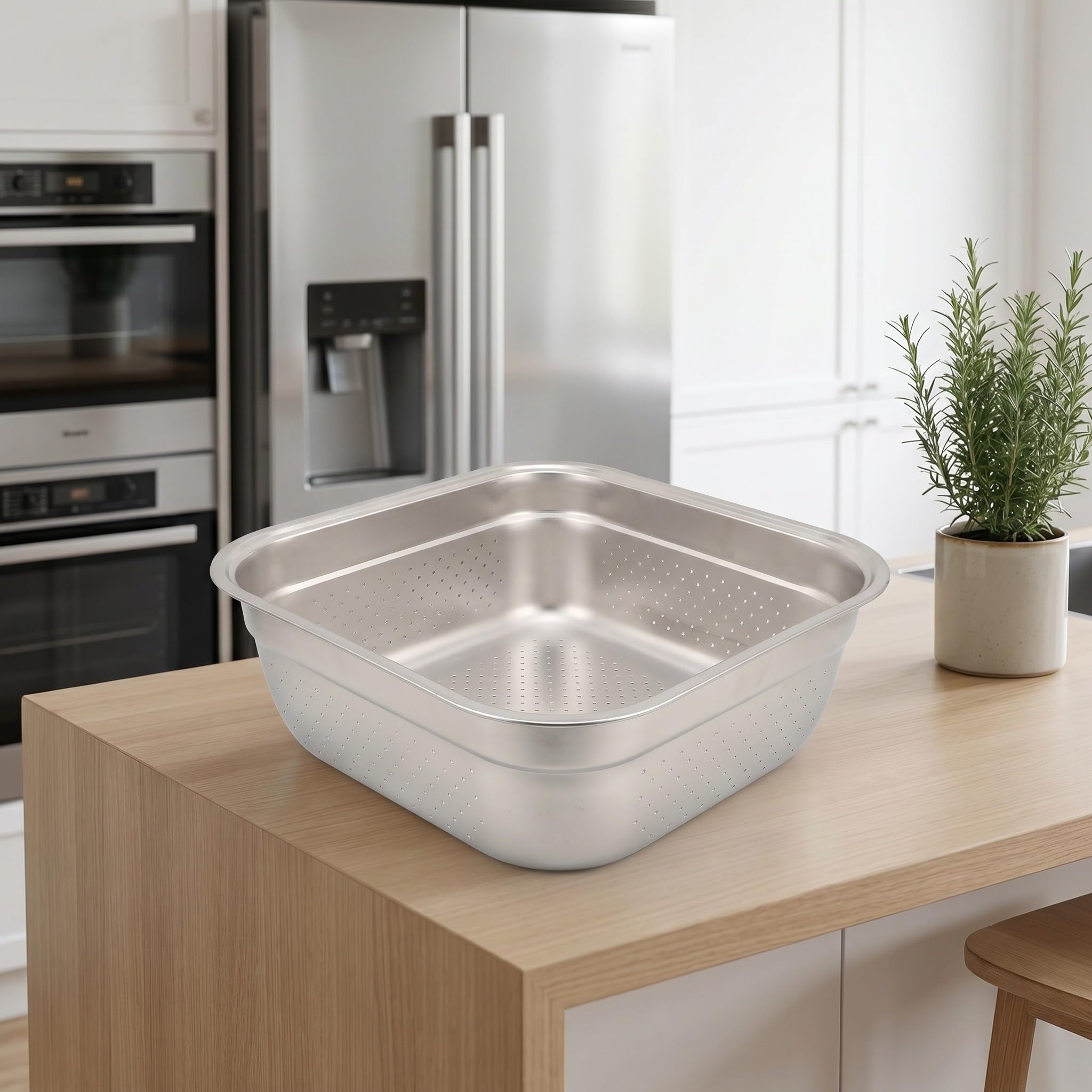 Operitacx Recipiente de acero inoxidable para lavar platos, colador cuadrado grande para fregadero de cocina, palangana para lavar frutas y verduras con borde liso para facilitar la limpieza, 30 x