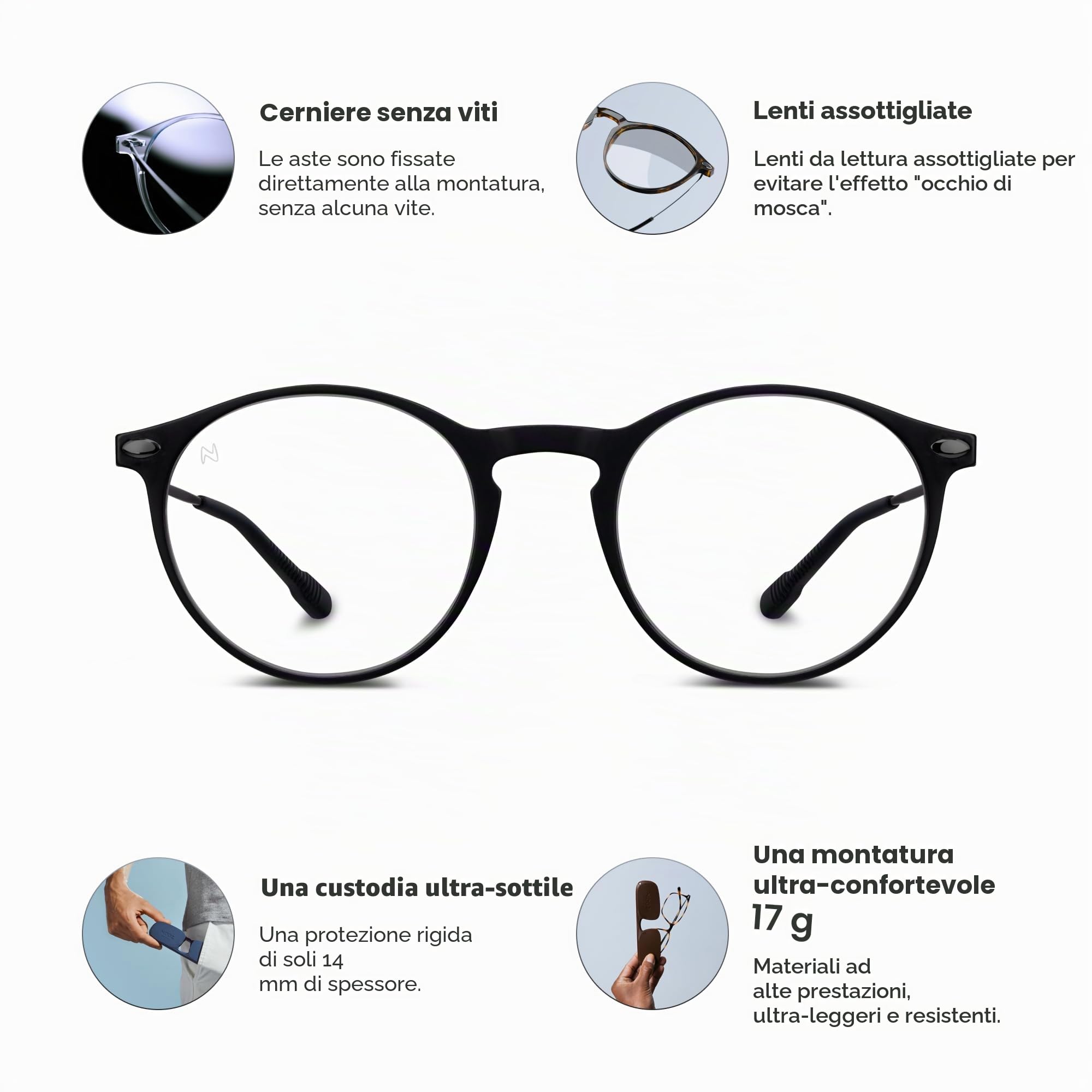 NOOZ Optics Occhiali con lenti di ingrandimento unisex - Occhiali da lettura ultraleggeri (17 g) per donne e uomini con custodia compatta - Presbiopia - CRUZ - Ovali - Cristallo - 1.5