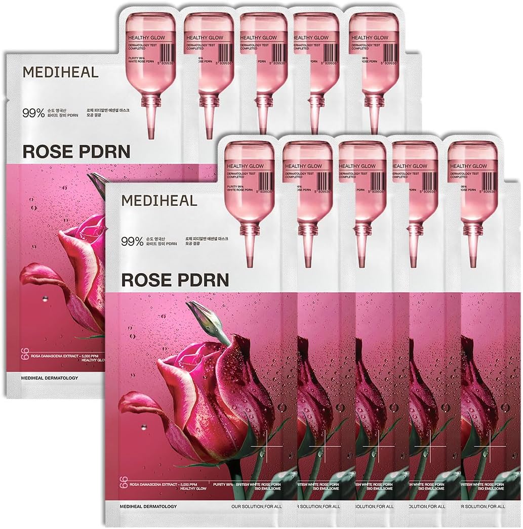 Mediheal Rose Pdrn Essential Sheet Mask Pure White Rose Pdrn & Hyaluronic Acid For Hydrating, Firming, 10 Pcs