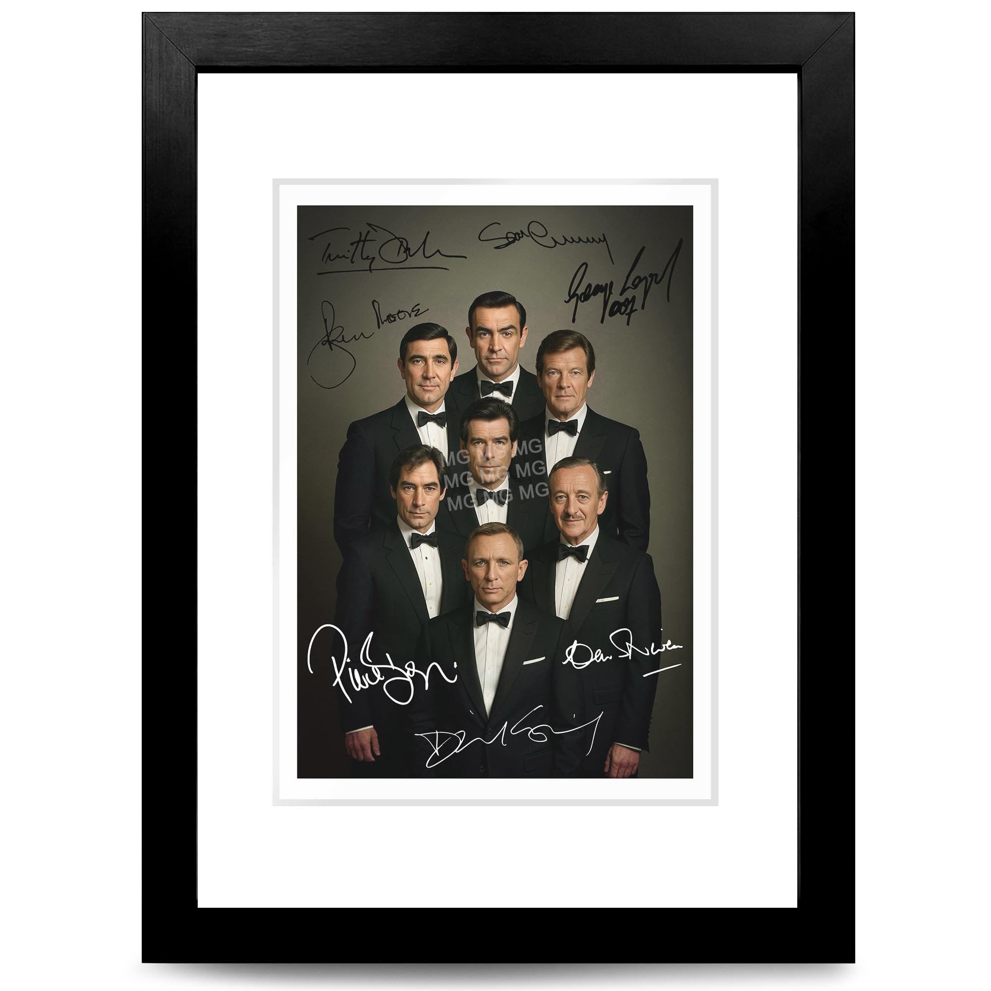 All James Bond Actors Signed Autograph Signature A4 Poster Photo Print Photograph Picture Gift Bonds 007 Sean Connery Roger Moore Timothy Dalton Daniel Craig. (A4 framed & mounted)