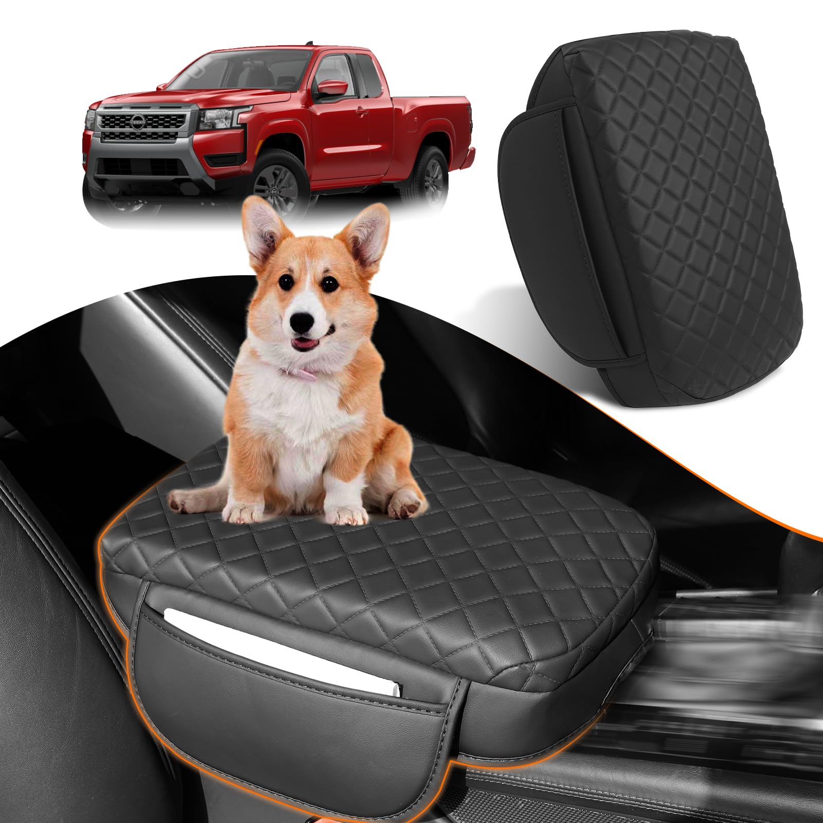 OKLSG Center Console Armrest Cover for 2026 2025 2024-2022 Nissan Frontier Accessories Arm Rest Pad Console Lid Protector Cushion Black with Pockets