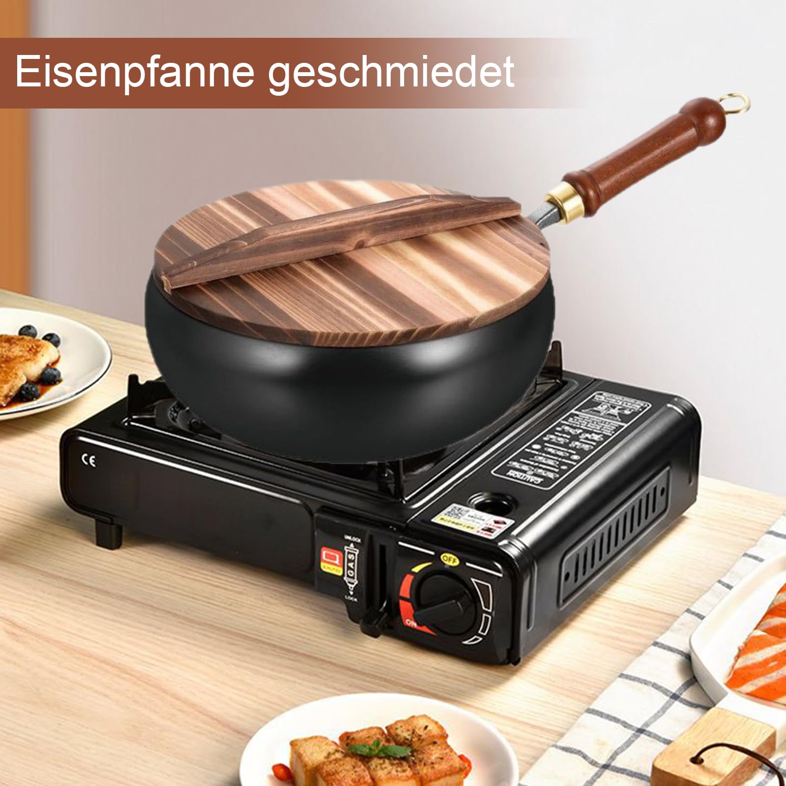 Wok cinese in ghisa fatto a mano, diametro 28 cm, padella antiaderente in ferro forgiato a mano, padella con coperchio e manico in legno, wok in ferro senza rivestimento, metodo tradizionale per stufe