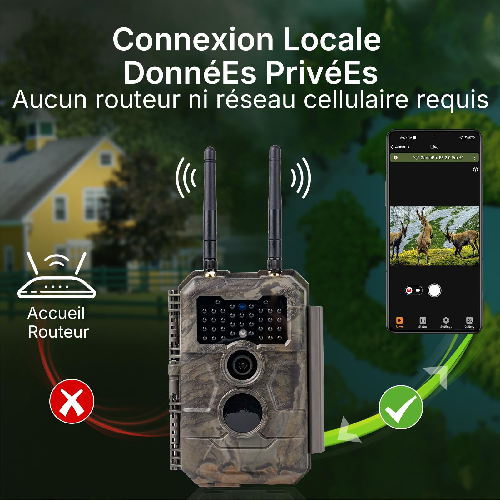 GardePro E6 2.0 Pro 4K Camera de Chasse WiFi, Batterie de 7800 mAh et Carte SD de 64 Go, Portée WiFi de 50 mètres, 64MP Caméra de Chasse Connectée Telephone, Camera Vision Nocturne Animaux Exterieur