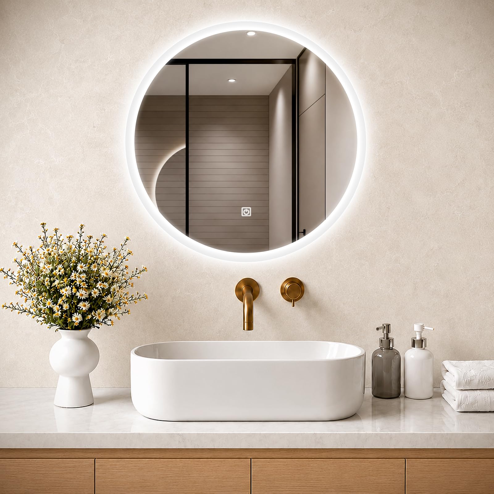 50cm Round Bathroom Mirror with LED Light, Wall Mounted Vanity Mirror