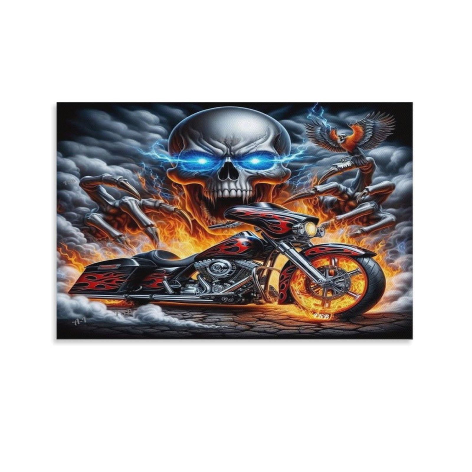 CPLVKWRQJ Skull Motorcycle Art Single Fiery Skull Motorcycle Smoke Storm Artwork Framed Canvas Wall Art - Living Room Gallery Wall Statement Piece Fade Resistant Decor 20x30inch(50x75cm)