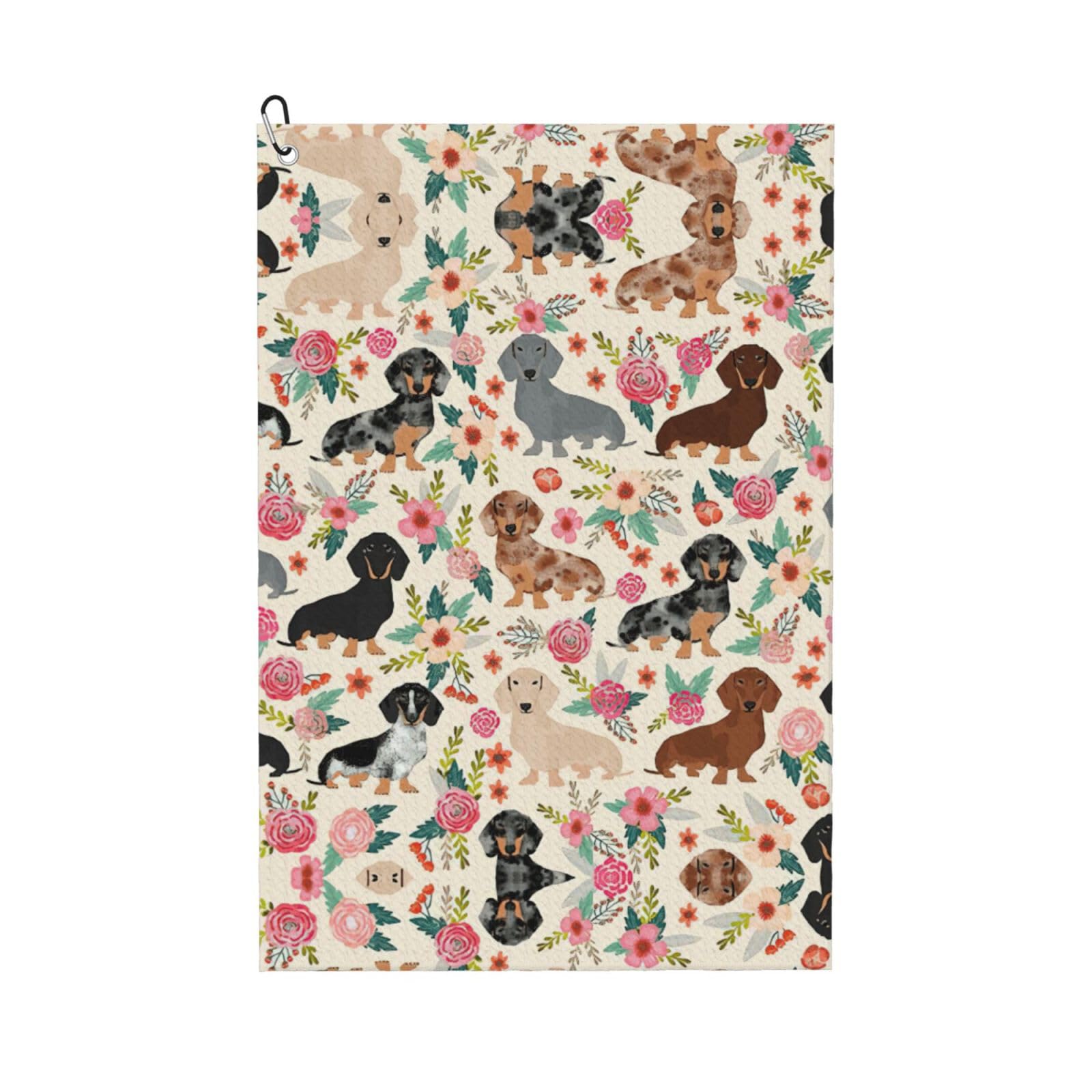 Vczsdff Black Dachshund Floral Printing Durable Golf Towel,Microfiber Waffle Golf Towel With Carabiner Clip,Must Have Golf Accessories