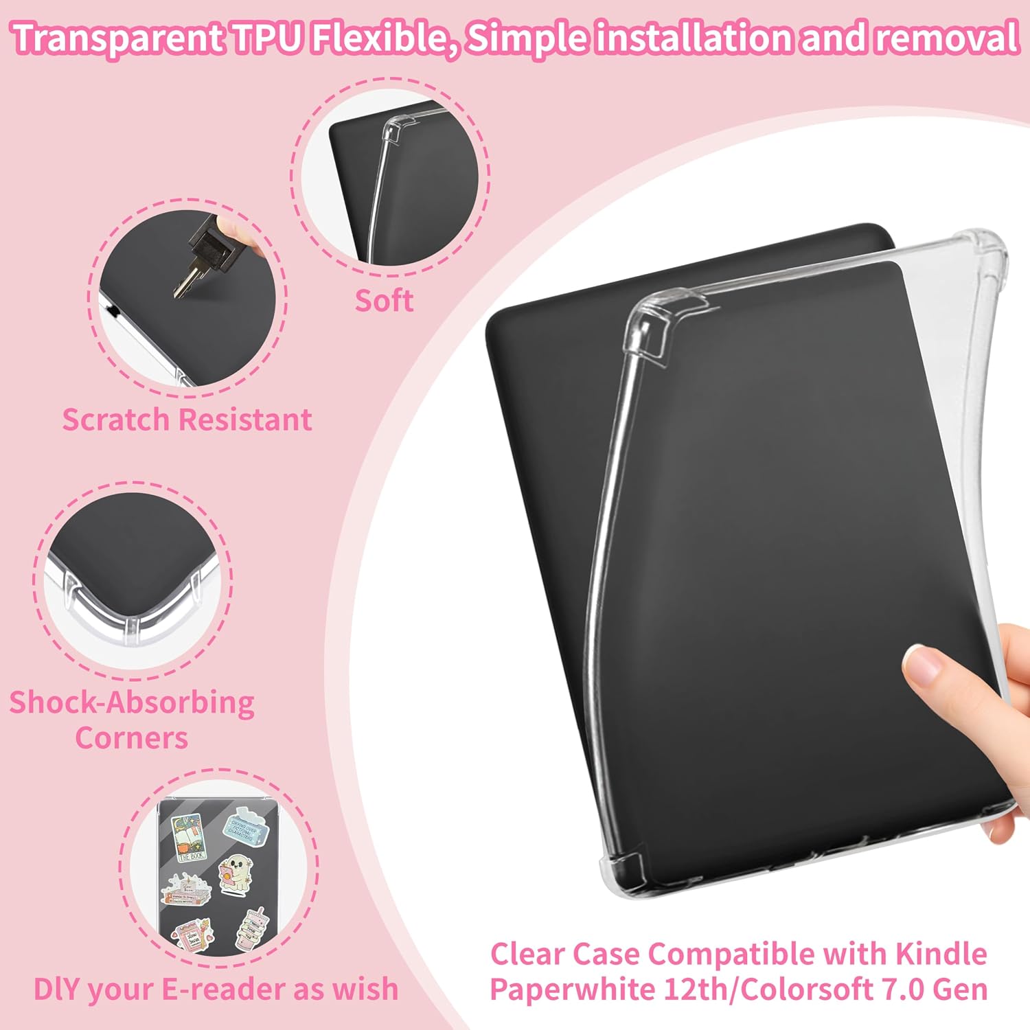 Mife Clear Case with 8 Pcs Inserts Cardstock for Kindle E-Reader with 2Pcs Charms&49 Pcs Stickers for Kindle Inserts 1 Grip Holder, 7.2"x5.2" Inserts Case for Kindle 12th/Colorsoft 7.0 Gen