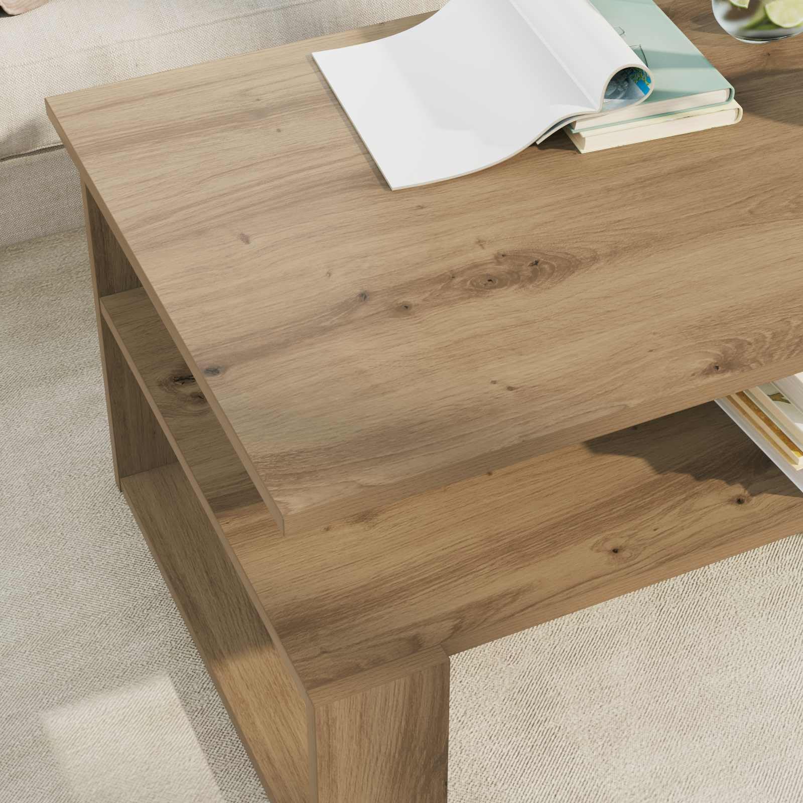 Mesa de centro de roble Artisan, 90 x 50 x 40 cm, material de madera con estante de tabla, duradera, para salón, sofá, banco y zona de televisión, diseño moderno