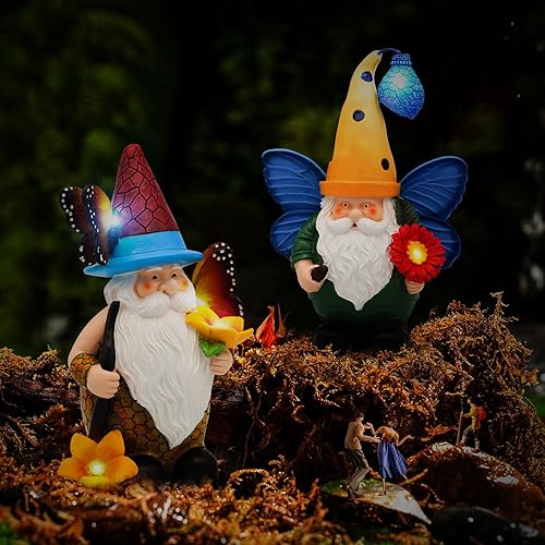Miniatura 5 de ECO-WILL Estatuas de Navidad de gnomo para decoración de jardín, estatuas solares de gnomo de jardín con luz de tapa y luz de flores, regalos