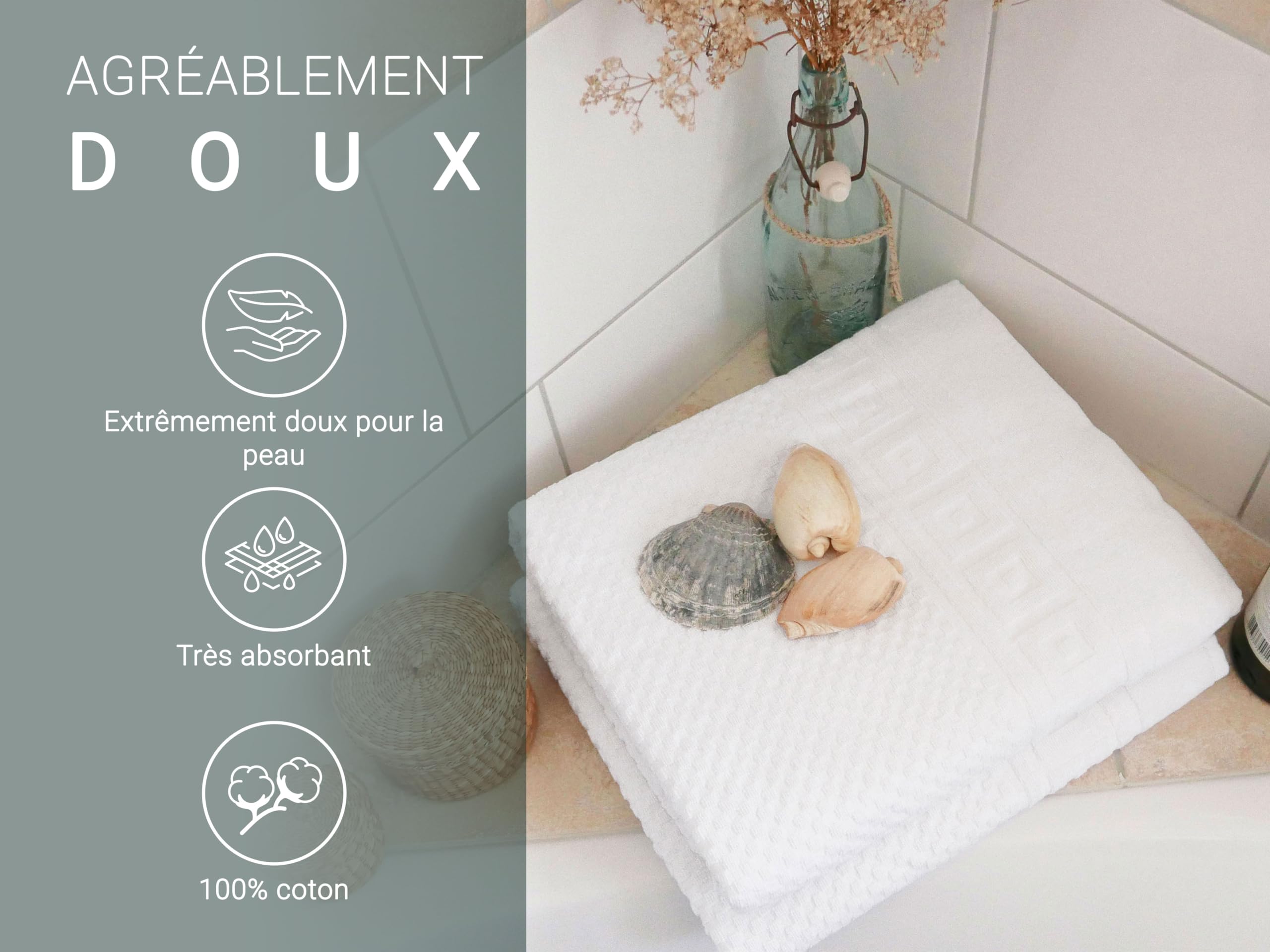 ZOLLNER Lot de 2 Serviettes de Bain en 100x150 cm - Motif gaufré Doux et Absorbant, Couleur Blanche - avec Crochet - lavables jusqu'à 95 °C - Coton - qualité hôtelière - certifiées Oeko Tex®