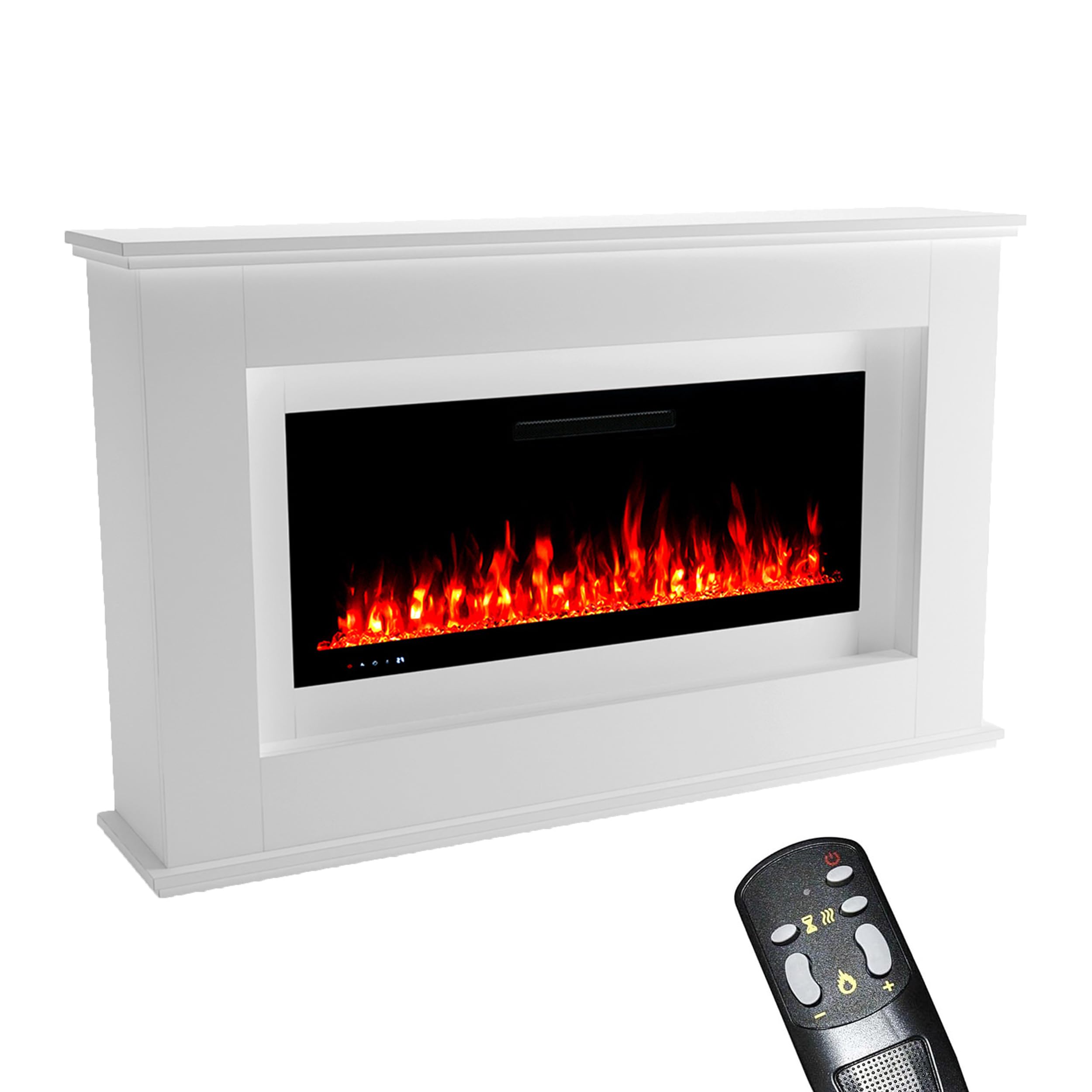 GLOW FIRE Caminetto da terra RHEA - Elettrocamino con riscaldamento e fuoco da camino, fuoco LED in 5 colori, ventilatore, decorazione, telecomando - 158x97x33 cm, Bianco