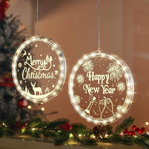 Miniatura 3 de BLOOMWIN Luces colgantes de ventana de Navidad, paquete de 2 luces de ventana para decoración de Navidad y Año Nuevo, Feliz Navidad, Feliz Año