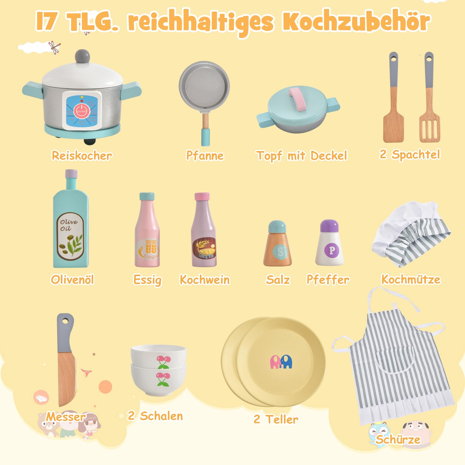DREAMADE Kinderküche mit 17 TLG. Zubehör, Miniküche Kinderspielküche mit Spülbecken Wasserhahn Herd Mikrowelle, Spielküche Holz für Jungen und Mädchen ab 3 Jahren