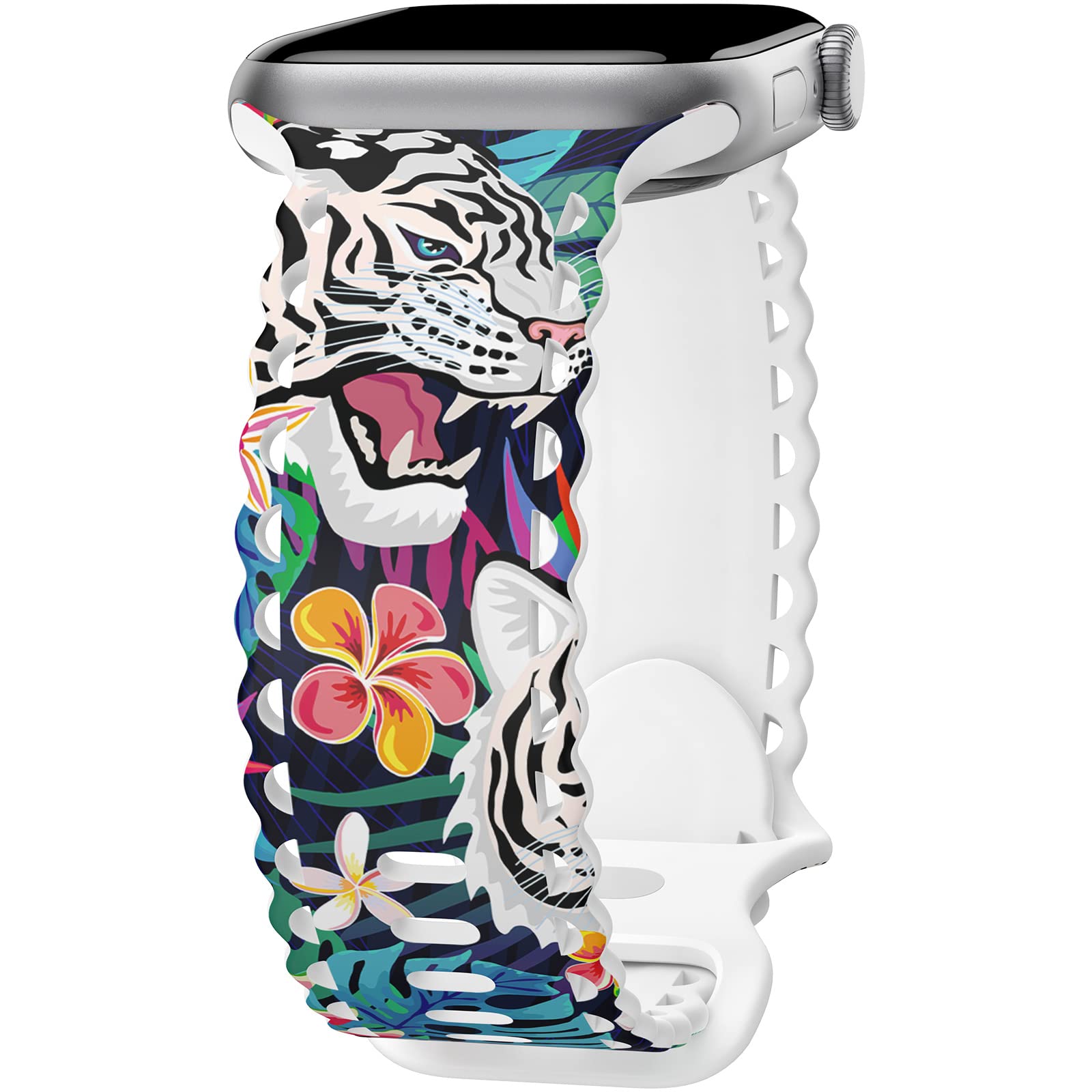 Compatible with Apple Watch Band 41mm 40mm 38mm 49mm 45mm 44mm 42mm Women, Tiger Print Lace Hollow-out Soft Silicone Sport Bands For iWatch Ultra SE Series 10 9 8 7 6 5 4 3 2, Tig-38