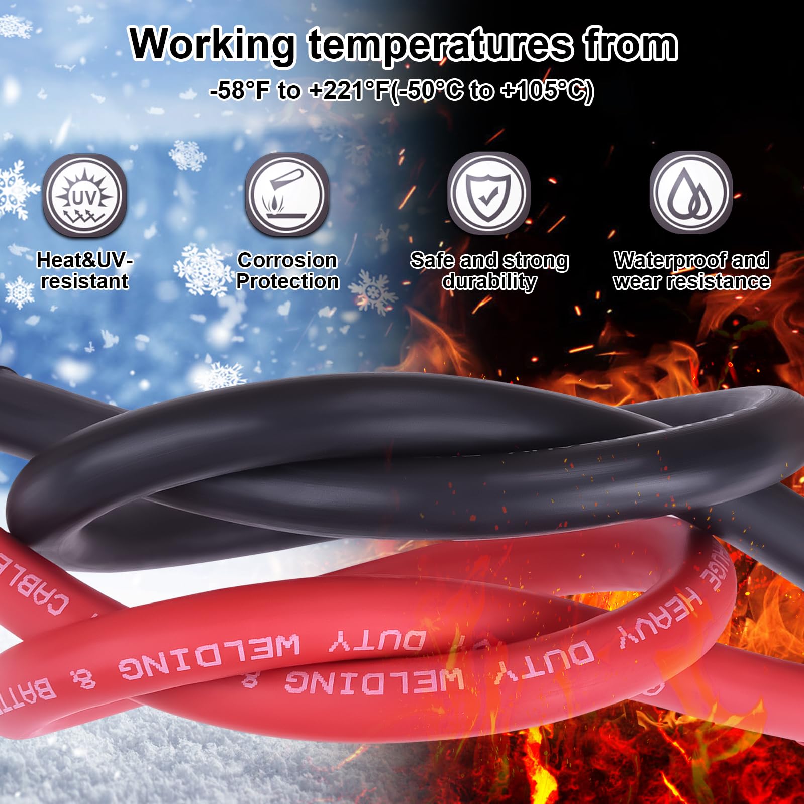 iGreely Cable de batería de calibre 1/0 AWG, alambre de cobre puro, cables inversores de energía de batería con lengüetas de 3/8 pulgadas para panel solar, motor de arrastre, automóvil, motocicleta