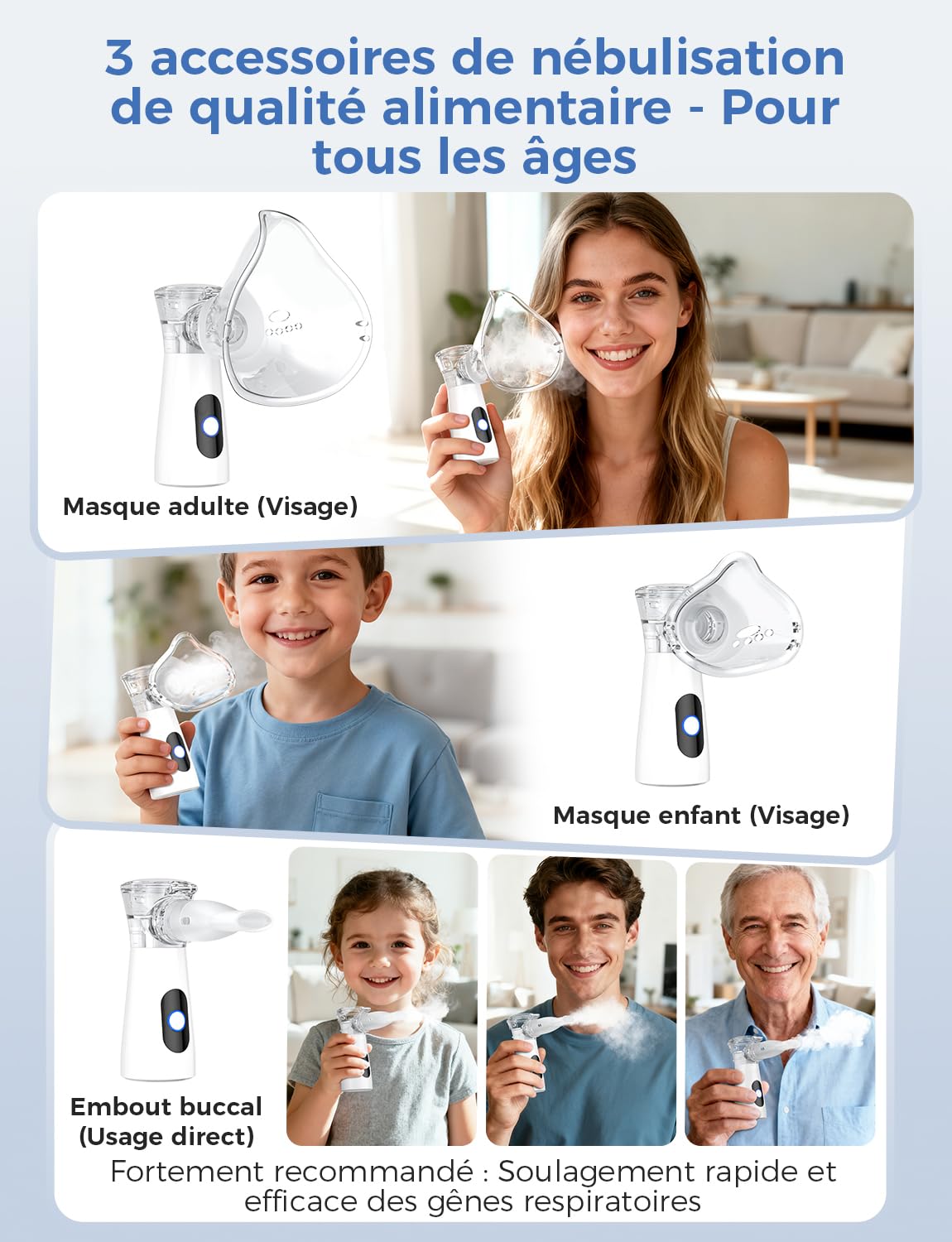 YOHOOLYO Nebulisateur Inhalateur Vapeur Portable Rechargeable pour Adultes et Enfants, Inhalateur Respiratoire Electrique avec 2 Masques et Embout Buccal, pour Usage Domestique et en Voyage