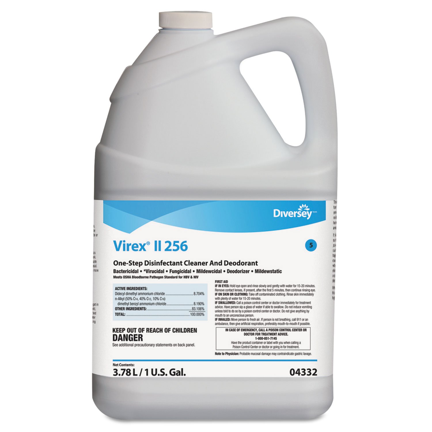 VIREX Diversey II 256 04332. Liquid Disinfectant Cleaner and Deodorant, Hospital Grade Floor Cleaner with Mint Scent, Concentrate, 1-Gallon (Pack of 4)