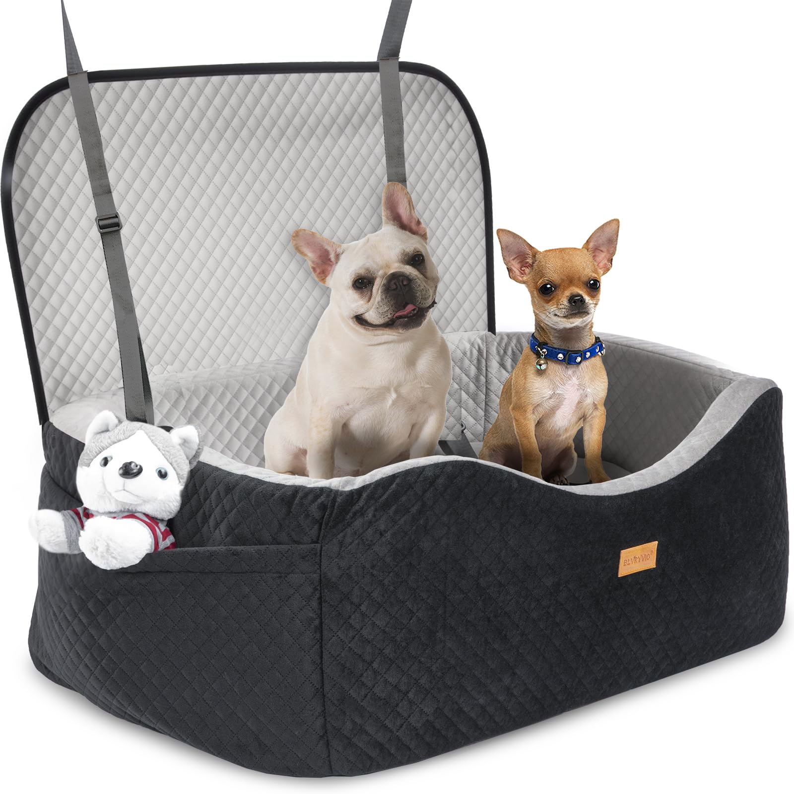 Asiento de coche para perros grandes de hasta 60 libras o 2 perros pequeños con espuma viscoelástica de 4 pulgadas, asiento trasero mediano para mascotas con cinturones de seguridad triples, correas