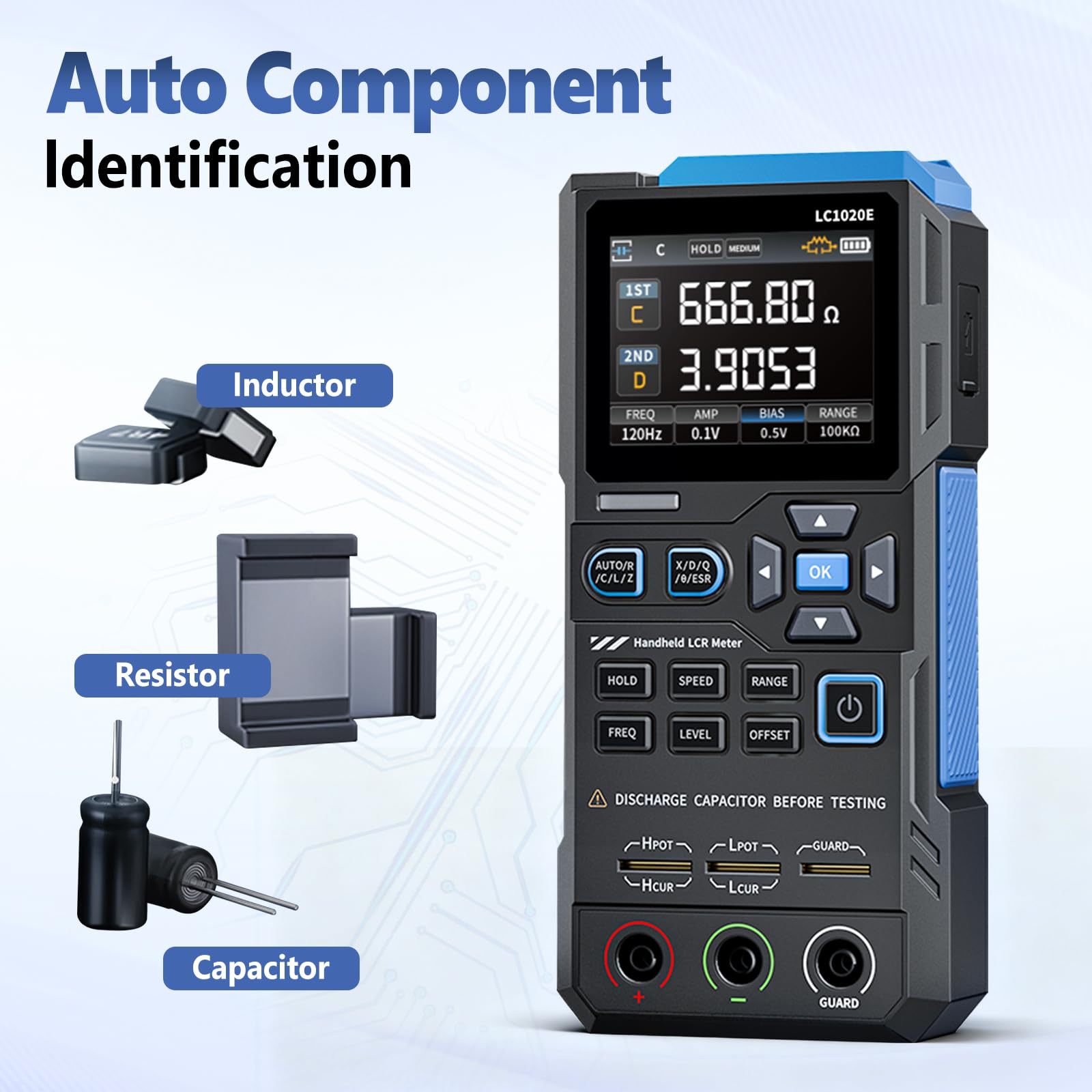 LCR Messgerät 100Hz-100kHz, LC1020E Hochpräzises digitales Brücken-LCR-ESR-Messgerät, 2,8-Zoll tragbares digitales TFT-ESR LCR Meter, misst ESR/Q/D/θ/X, Anzeige von zwei Parametern