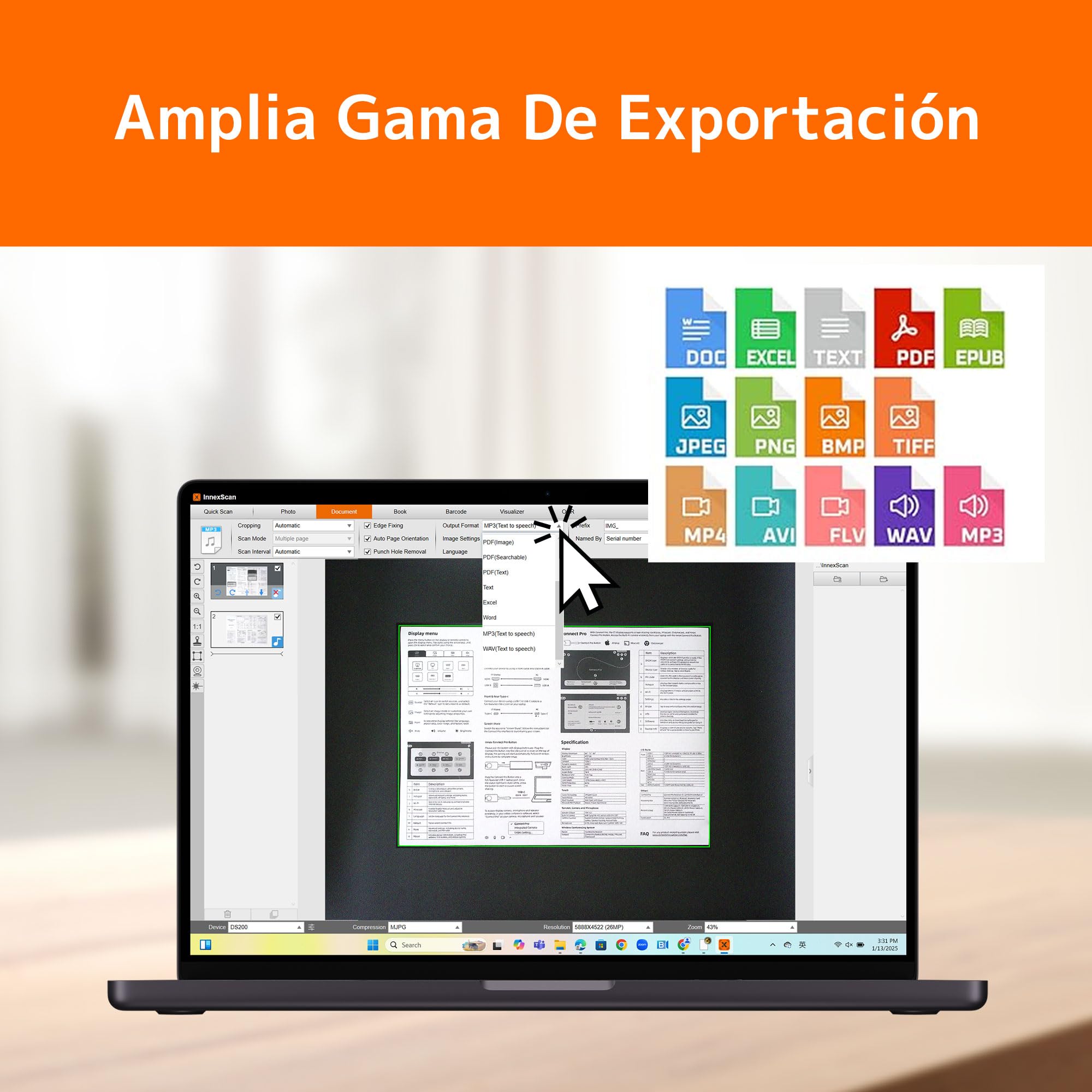 Innex DS200 - Escáner profesional USB de libros, 20.1MP, escaneo A3, OCR de más de 120 idiomas, aplanado automático, dedo eliminado, micrófono integrado