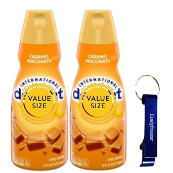 Caramel Macchiato Liquid Coffee Creamer.- Two 2 32 fl oz Bottles of Smooth & Creamy Delightful Coffee Creamer and Candy Freezer Bottle Opener Keychain Caramel Macchiato - Keychain