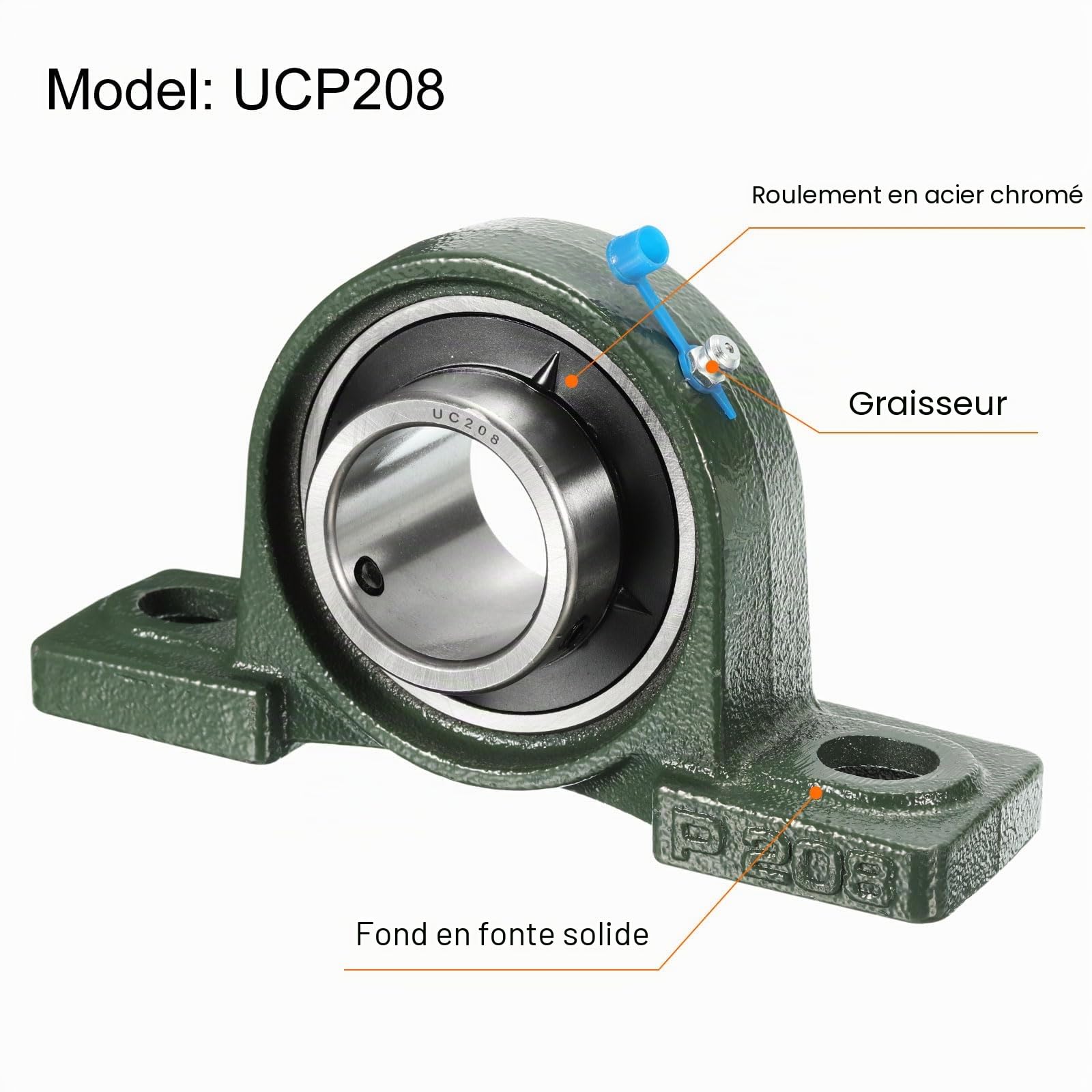 2Pcs de Paliers à Semelle UCP208, Alésage de 40mm, Auto-Alignement, Base en Fonte Solide, Roulements en Acier Chromé