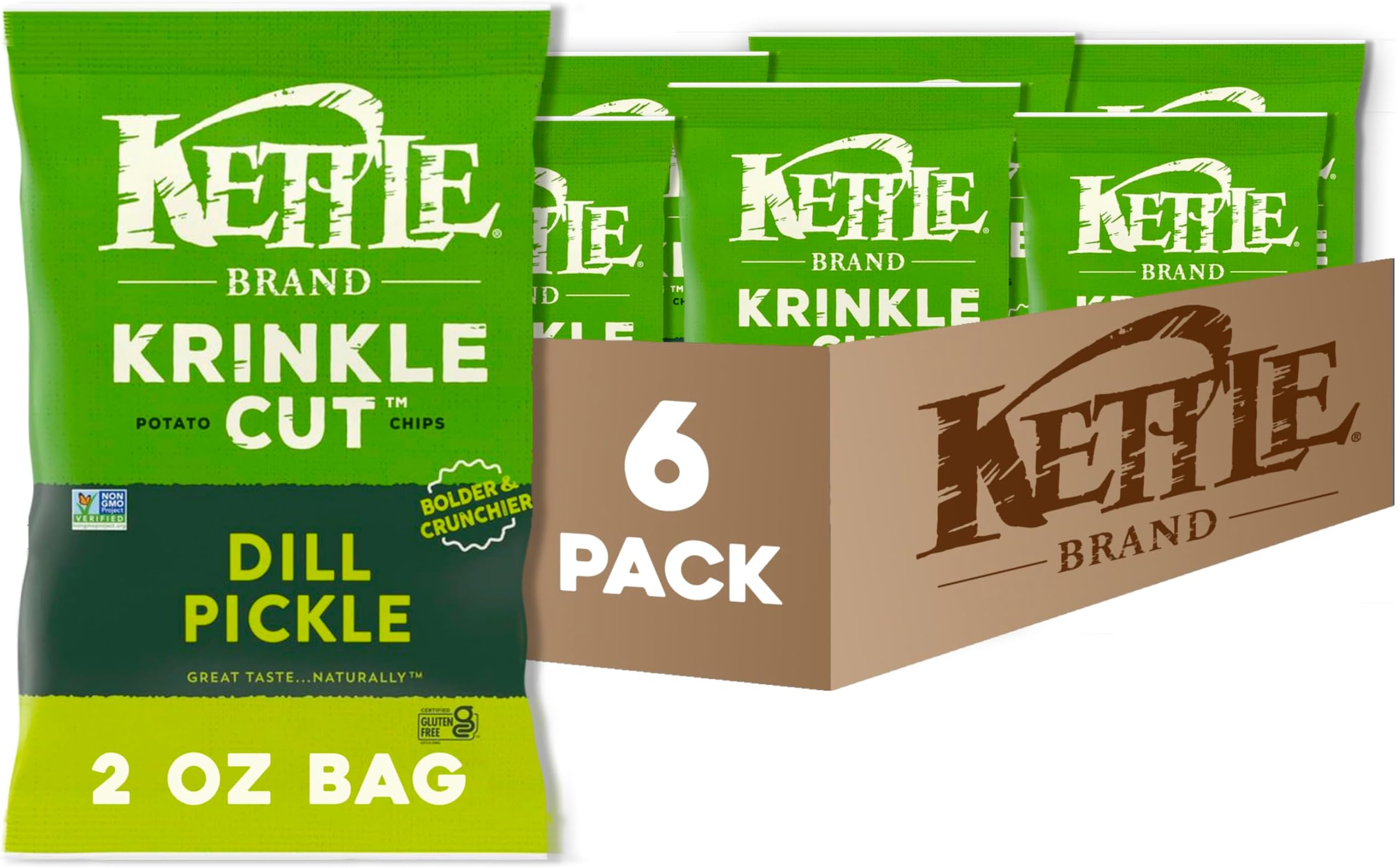 Kettle Brand Potato Chips, Krinkle Cut, Dill Pickle Kettle Chips, Snack Bag 2 Oz (Pack of 6)