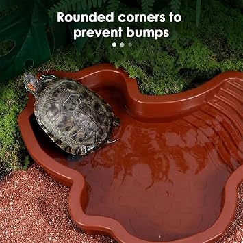 Extra Large Reptile Bathing Pool Reptile Feeding Dish Water Bowl with Ramp Aquarium Ornament for Gecko, Snake, Turtle, Bearded Dragon, Lizard Bath (Brown Red)