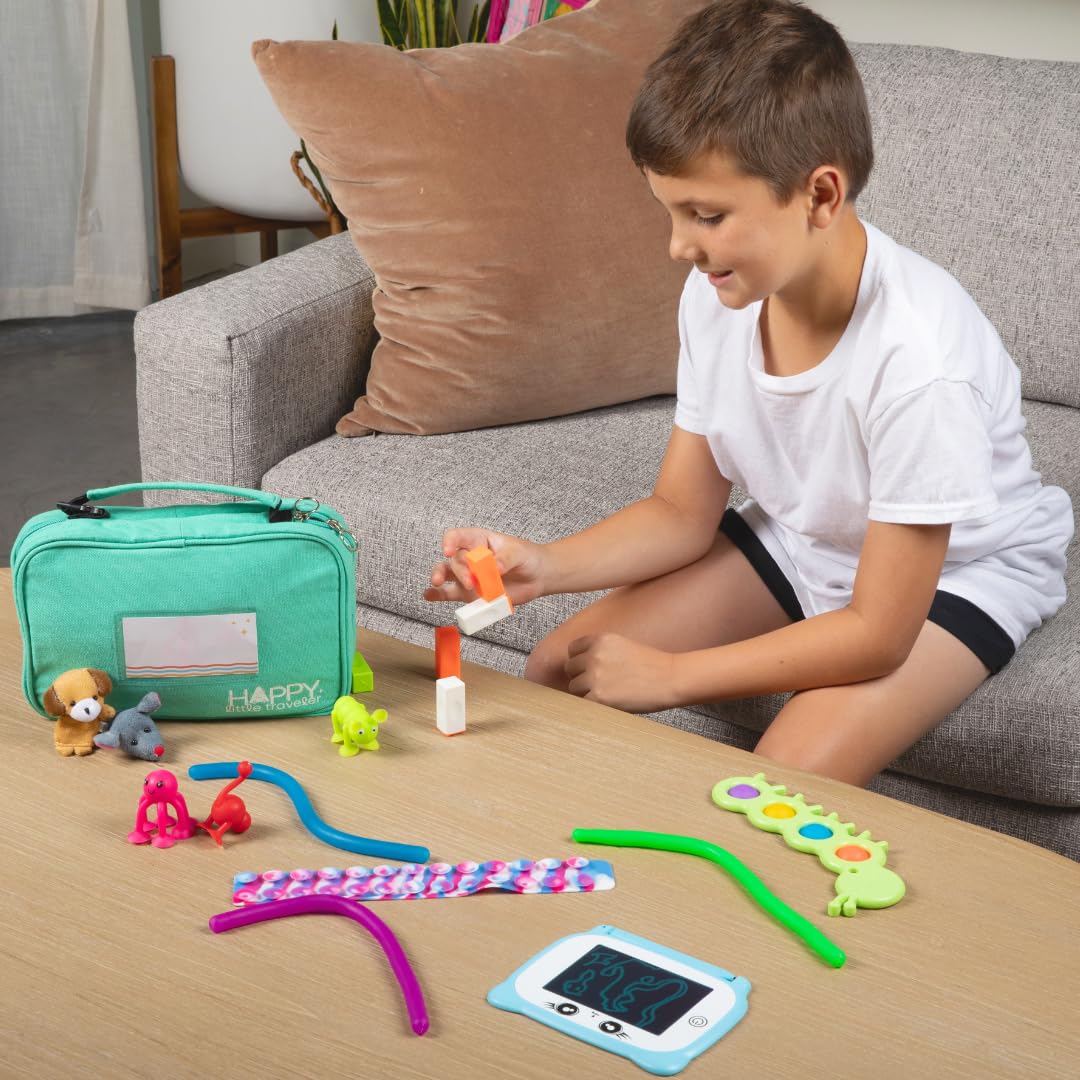 Travel Essentials for Kids – All-in-One Hanging Bag with Toddler Toys, Road Trip Activities for Kids, Sensory Toys & Travel Games for Airplane Trips, Car Rides - Boys & Girls 3+ Years, Toddler Seafoam