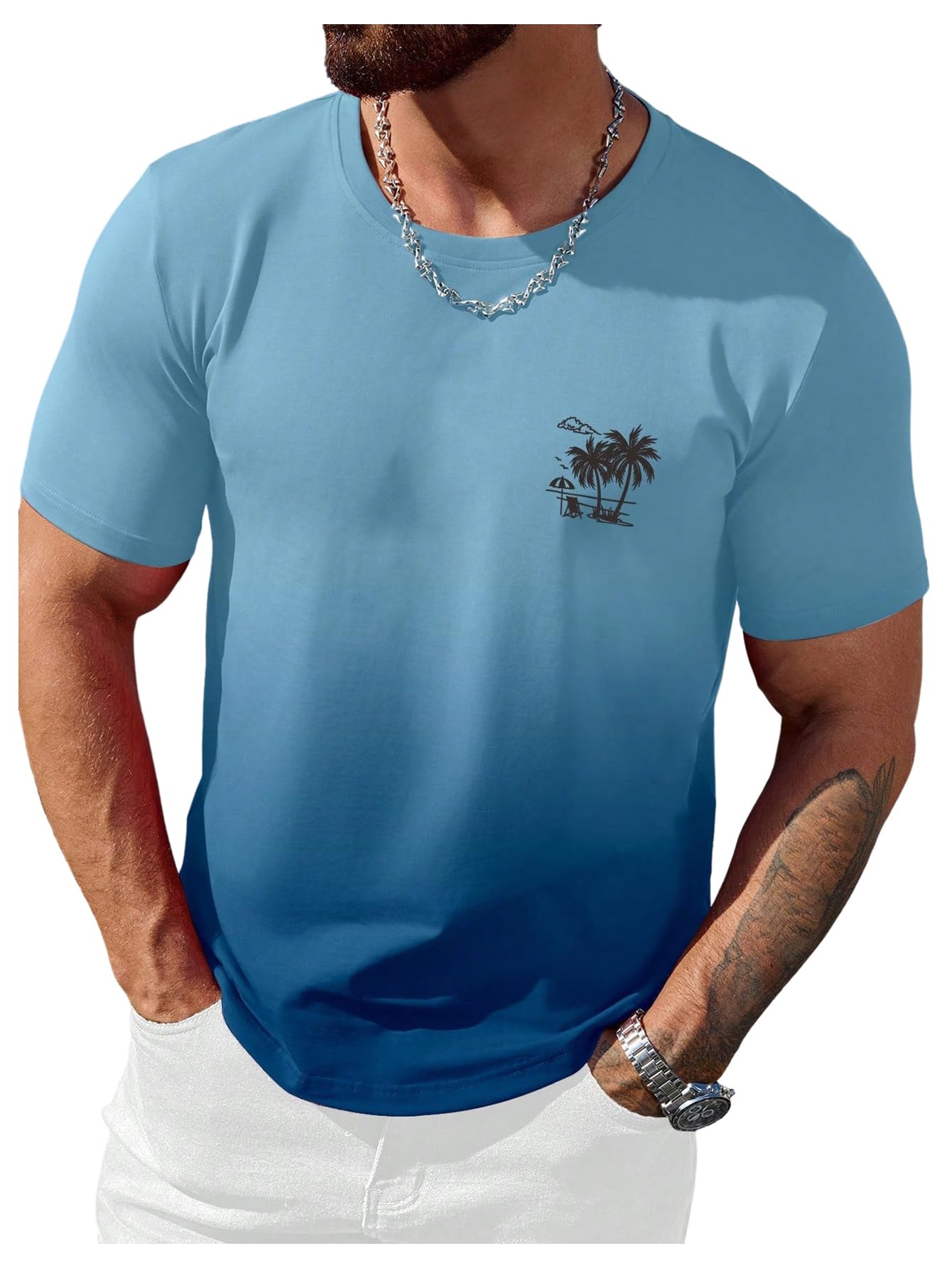 Floerns Camisetas casuales de verano para hombre, con estampado tropical degradado, cuello redondo, manga corta