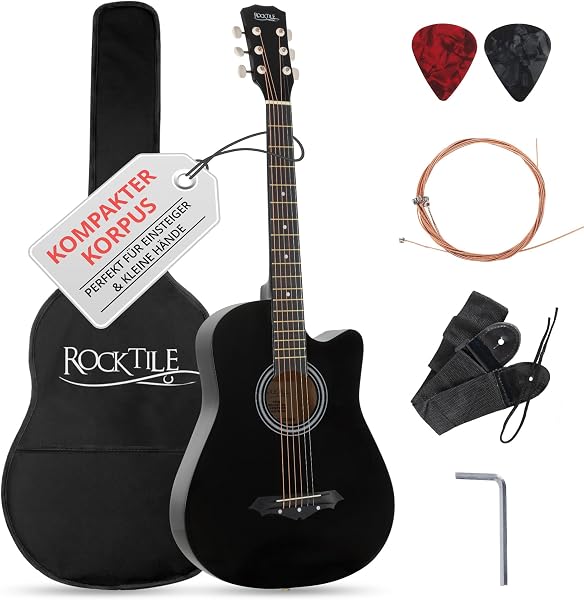 Rocktile WSD-5C-BK Slim Line zestaw gitar westernowych, gitara akustyczna Dreadnought - gitara westernowa z korpusem z lipy - szyja: Catalpa - zestaw z torbą, strunami zapasowymi, paskiem i kostkami