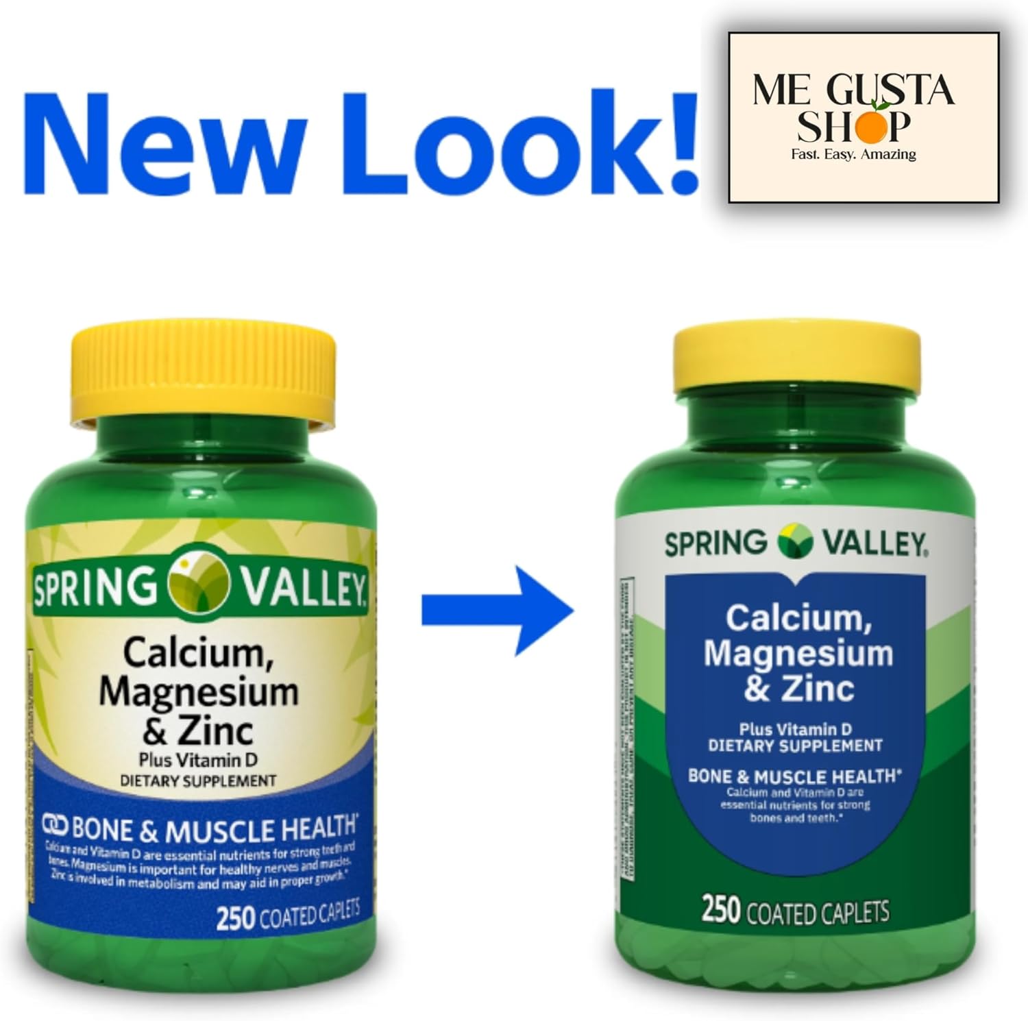 Spring Valley Calcium, Magnesium & Zinc Plus Vitamin D3 Coated Caplets, 250 Count (Pack of 2) 500count Total + me Gusta Sticker