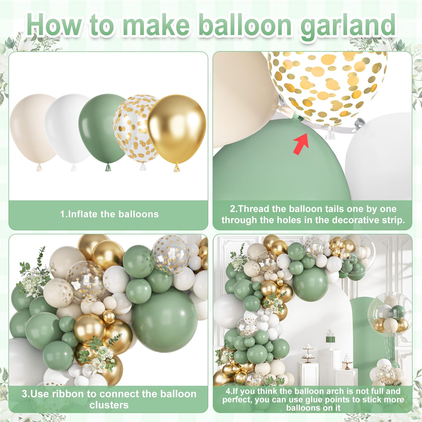 Ouddy Life Luftballons mit Bogengirlande, Salbeigrün, Weißgold, 152 Stück, Sand, Weiß, Metallic, Gold, klarer Ballon für Geburtstag, Hochzeit, Babyparty, Geschlechtsoffenbarung, Verlobung, St