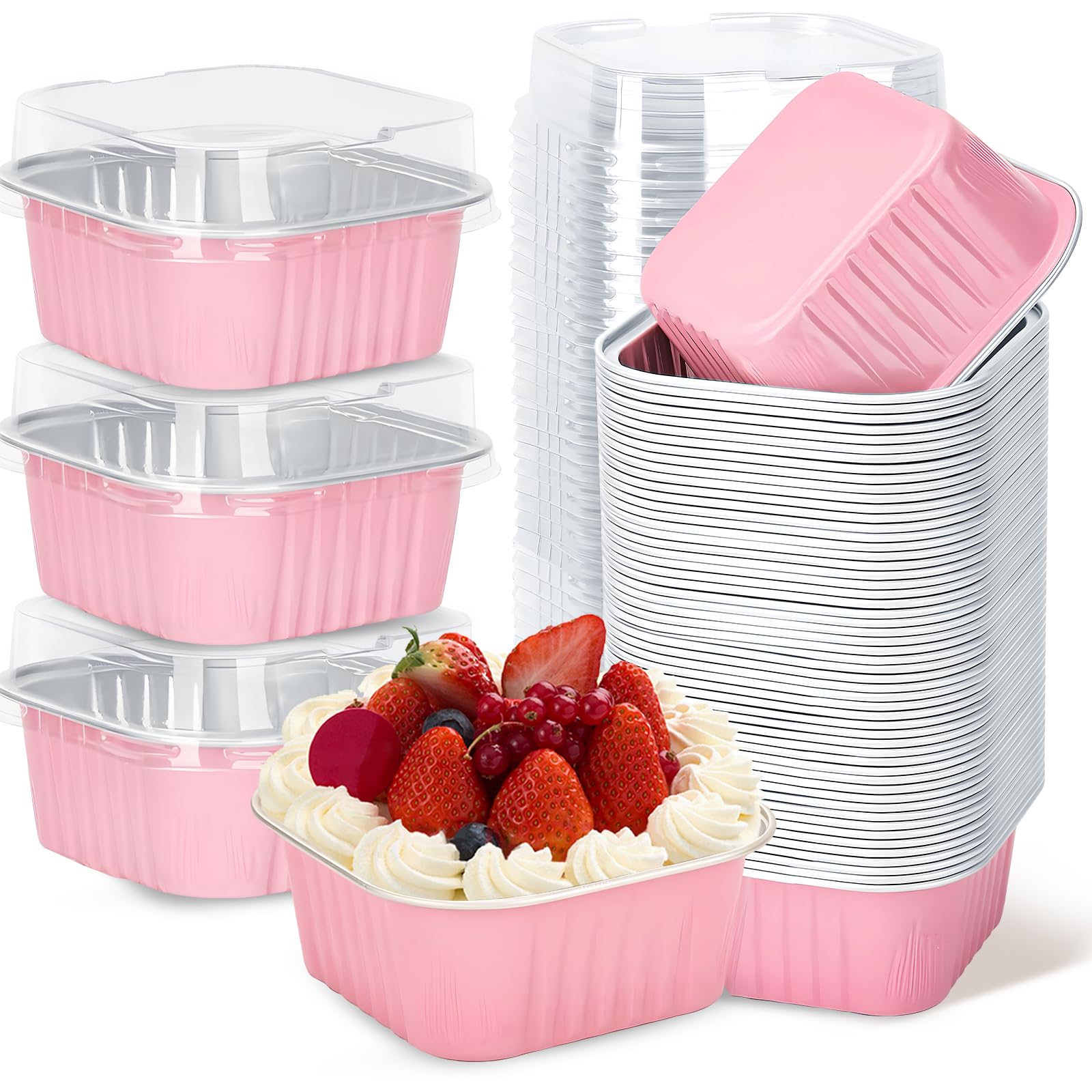 ylnurac 30Pack 5oz Pink Mini Cake Pans with Lids Baking Cups Aluminum Foil Pans Tins, Individual Dessert Cups Containers for Sales,Party,Picnics