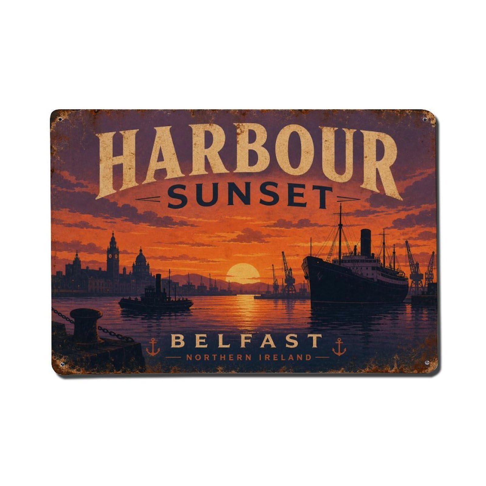 Fyrn Style Metal Tin Sign Vintage Travel Belfast Harbor Sunset Ireland Port Evening
