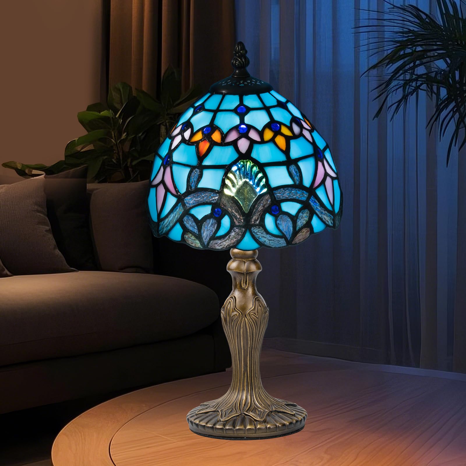 Nizrsky Small Tiffany Table Lamp, 3 Color-Temperature Baroque Stained Glass Lamp,8 Inch Tiffany Style Lamp for Bedroom Living Room Home, Handcrafted Light, Included Bulb (Blue)