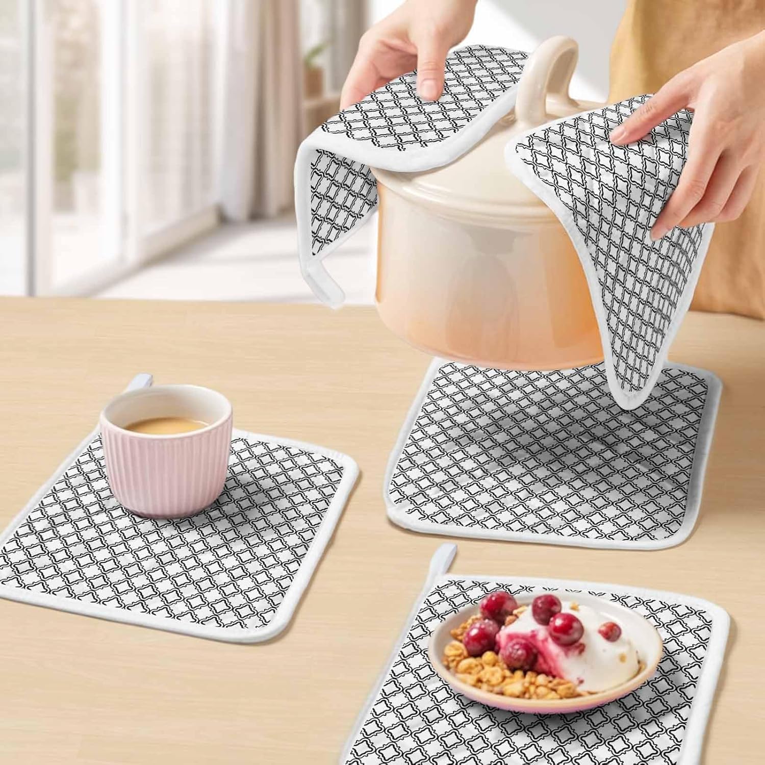 Black White Morocco Pot Holders for Kitchen Heatproof Potholder, 5 Pack Modern Abstract Classic Geometric Hot Pads Multipurpose Oven Pads Cloth Potholders Trivet for Cooking Baking