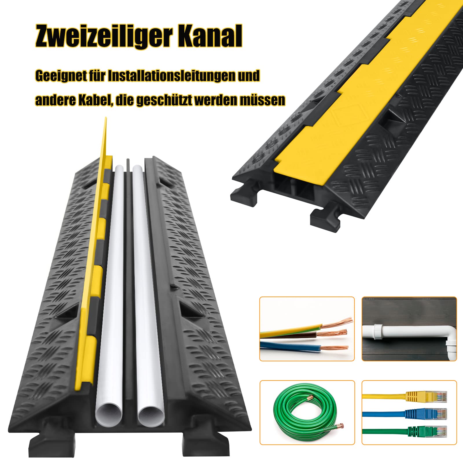 ACXIN Kabelschutzmatte 2 Stück 2 Kanal, 100 x 24 x 5 cm Überfahrschutz für Kabel, Kabelbrücke aus Industriequalität Gummi mit Modularem, Design für Parkplätze, Lagerhäuser (Schwarz)