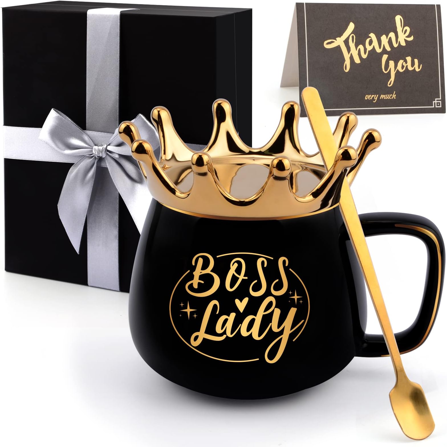 Boss Lady Gifts for Women wiht Crown Coffee Cup Birthday Christmas Gifts for Managers Female, Funny 12oz Thank You Boss Appreciation Gift Boss mug With Spoon (Ceramic)