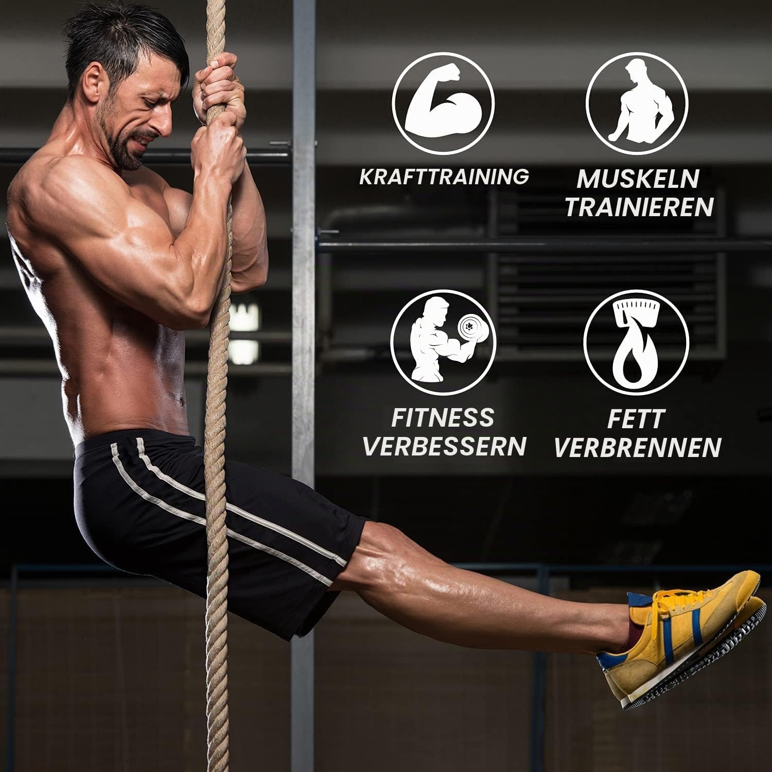Yes4All Gym Kletterseil mit Karabiner 38 mm Durchmesser für Fitness & Krafttraining, Crossfit Übungen & Home Workouts, Krafttraining Sportseil, Schaukelseil, Muskeltrainings, 3/4,6/6M Klettertau
