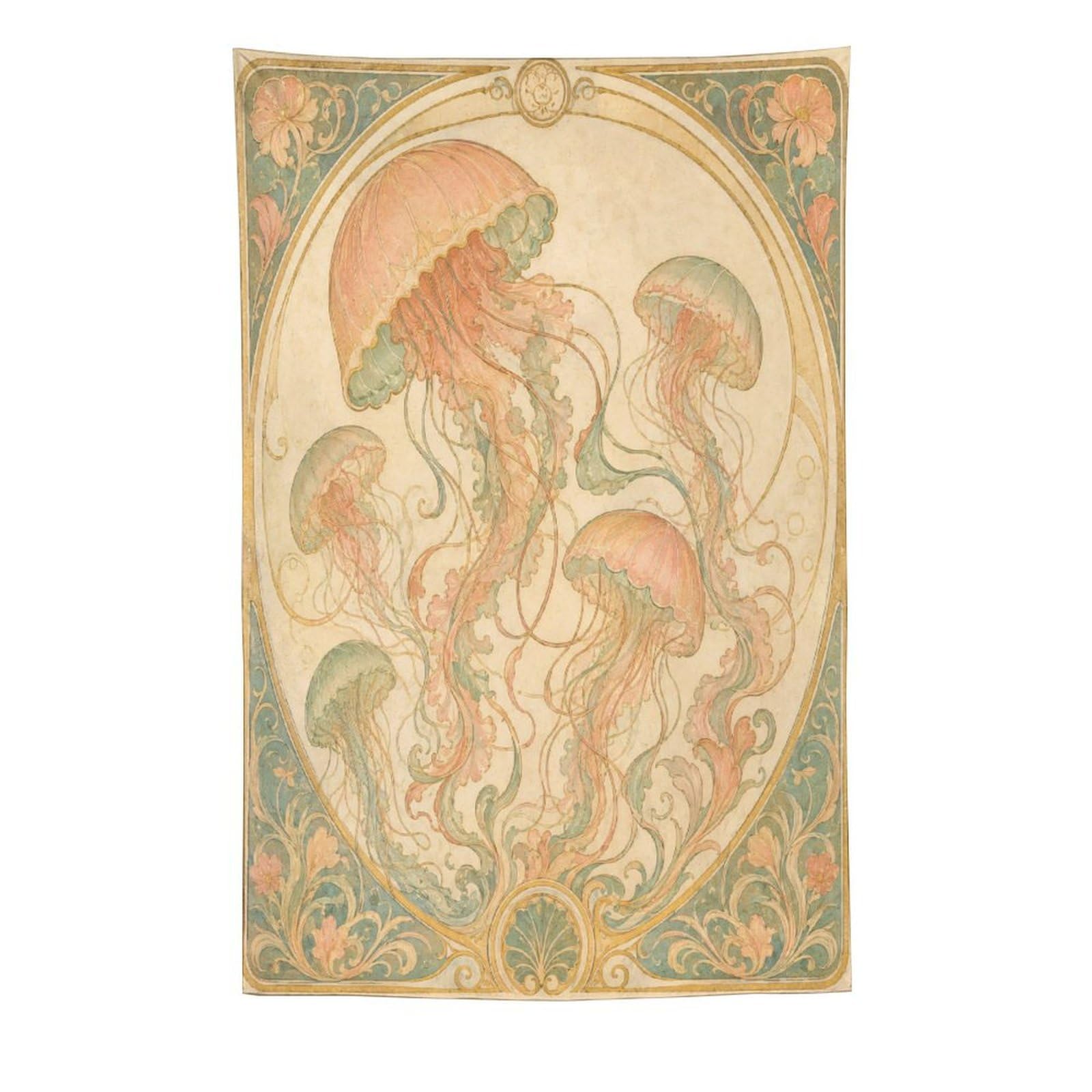 Pink Jellyfish Wall Tapestry, Art Nouveau Style, Botanical Linework