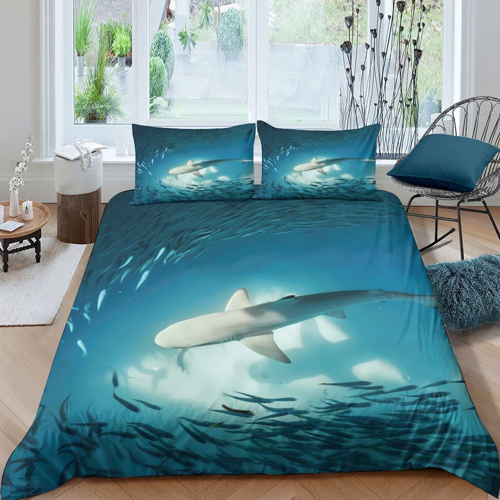 Ctjqhvkz Style-8 3D Printed Ocean Shark Fitted Sheet Microfiber Soft Breathable Underwater Fish Bed Cover For Bedroom Dorm Decor Single（135X200cm）