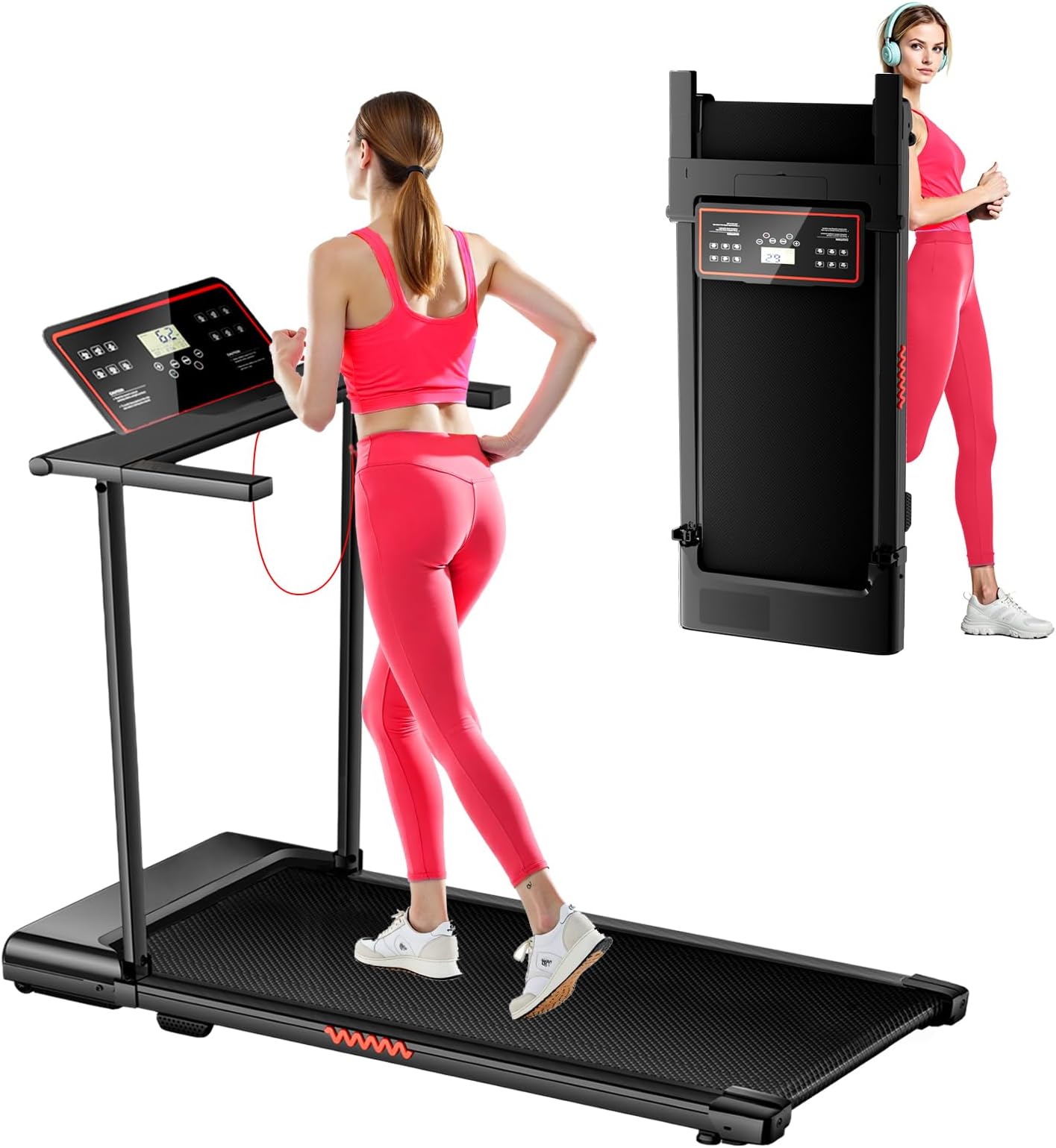 Portable Treadmills for Home, Electric Walking Pad Treadmill with 12 Preset Programs, 3.0HP Treadmill with Handle for Small Home, Waking Pad,Compact Running Treadmills with 320LBS Capacity(Black)