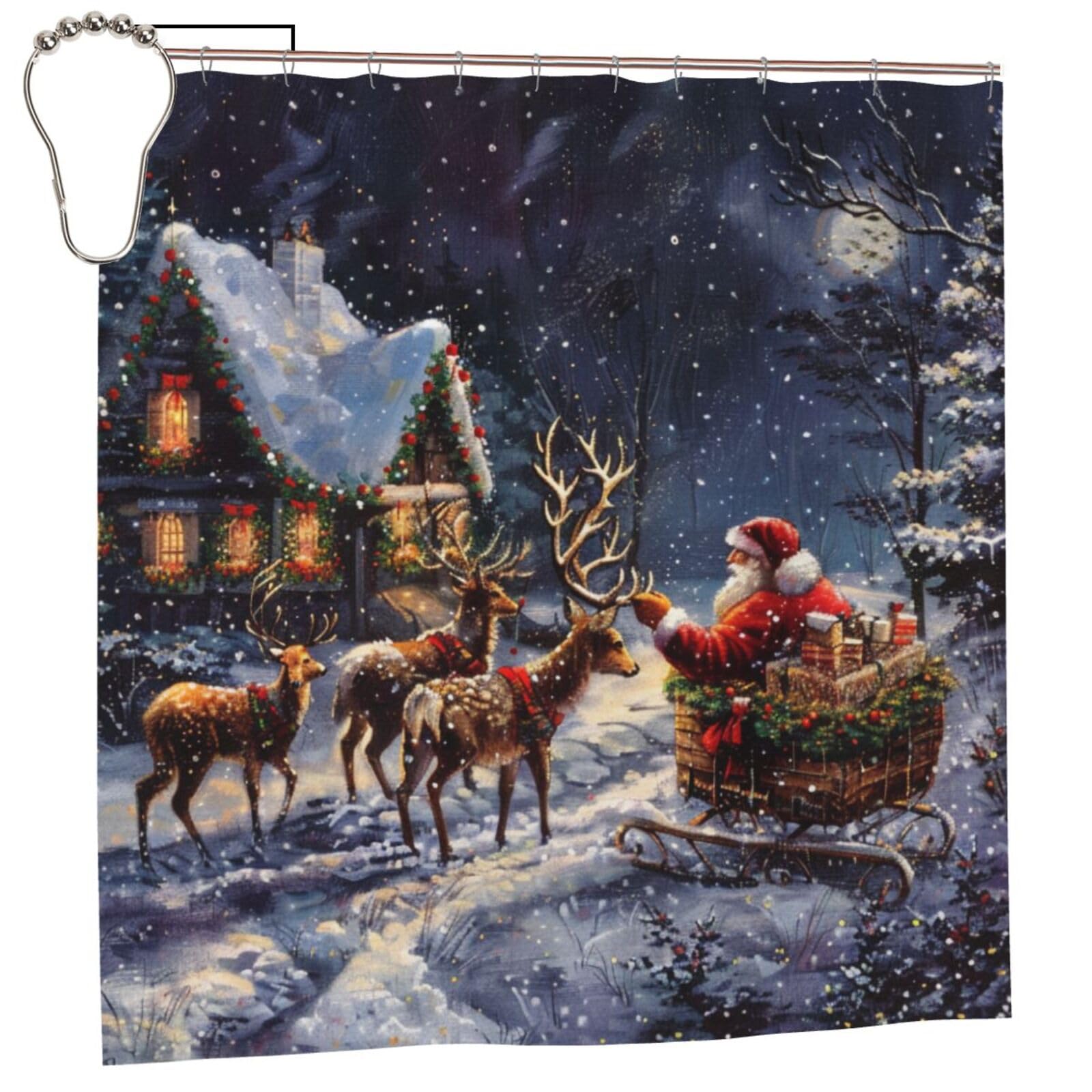 BWWHCCTI Snow Night Santa and Deer Printed Shower Curtain With 12 Iron Hooks Opaque Quick Drying Waterproof Shower Curtains Sets For Bathroom 183x183 CM