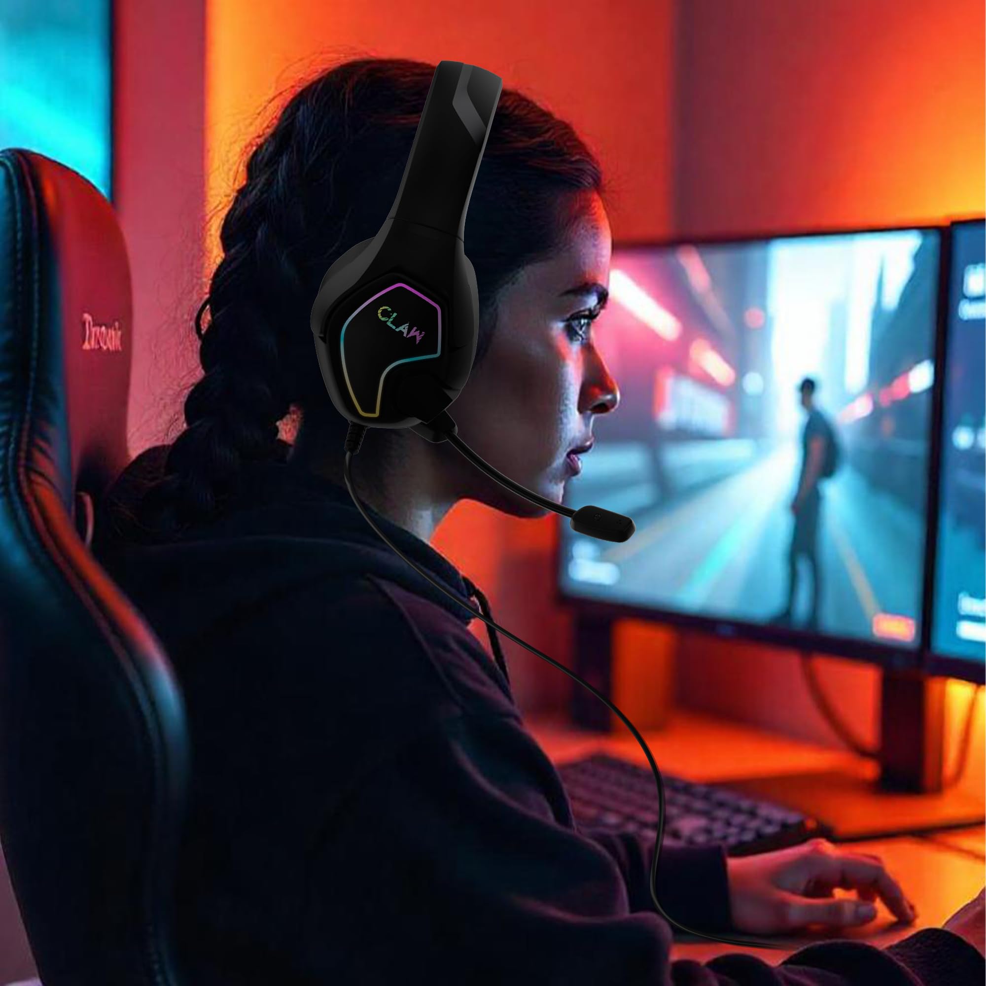 CLAW GH40 Casque de jeu filaire RVB avec pilotes de 50 mm, microphone à isolation sonore, prise audio 3,5 mm, câble tressé de 2 m, compatible avec PC, PS4, PS5, Xbox, ordinateurs portables et