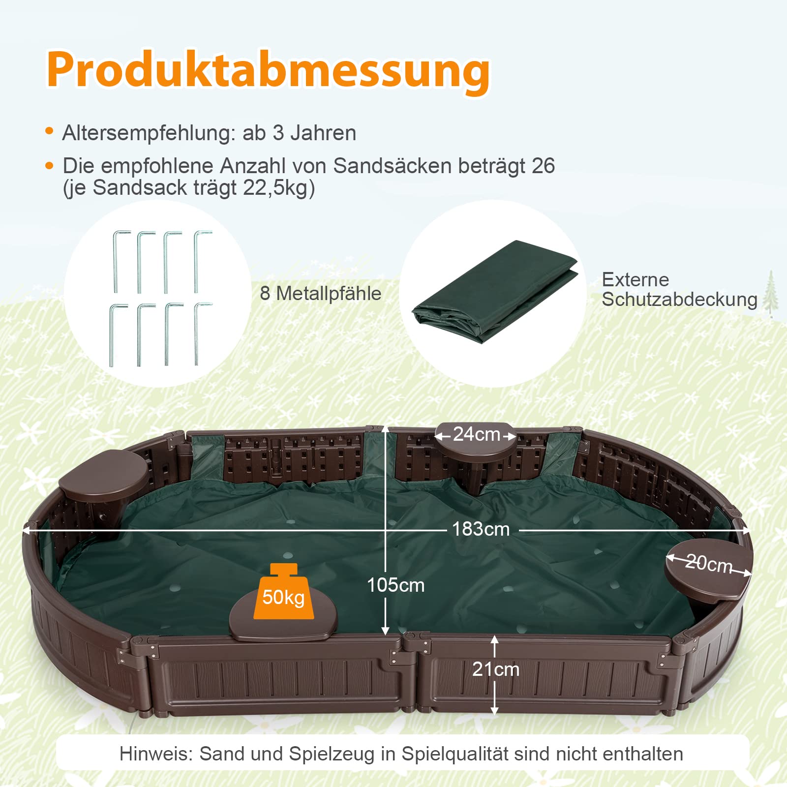 COSTWAY Sandbox Sandkasten mit wasserdichter Abdeckung und Bodenauskleidung, Outdoor Sandkiste Platz für 4 Kinder 183x105x21cm